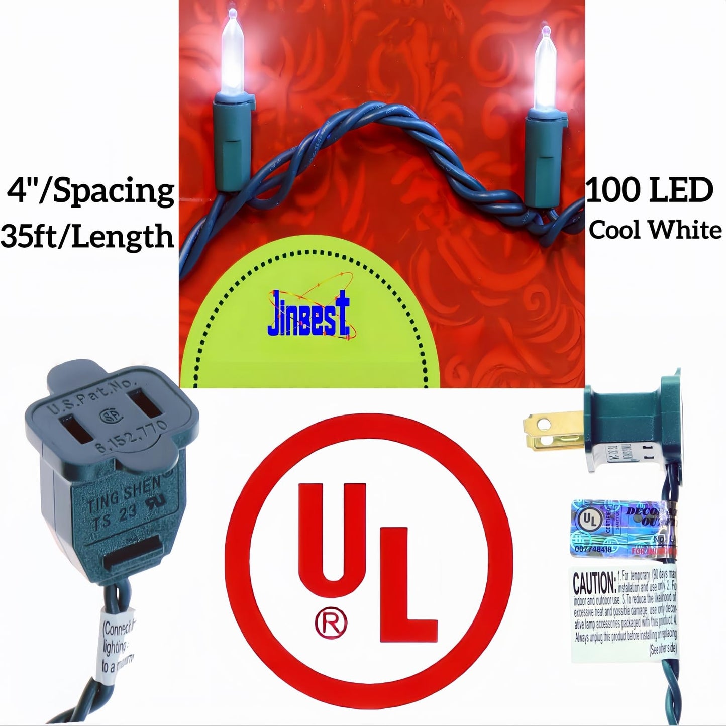 JinBest 100 LED White Christmas Lights with 35 Ft Green Wire, UL Certified and Commercial Grade LED String Lights, for Indoor Outdoor Party, Trees
