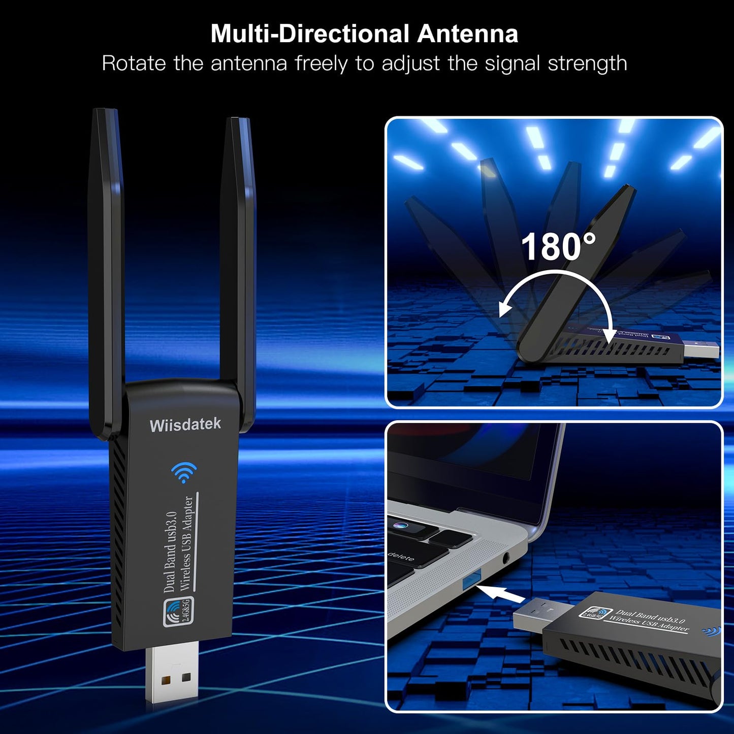 Wiisdatek USB WiFi-Adapter for Desktop PC, AC1300Mbps USB 3.0 WiFi Dual Band 5G/2.4G Wireless Network Adapter, Mini WiFi Dongle for Windows 11/10/8/7