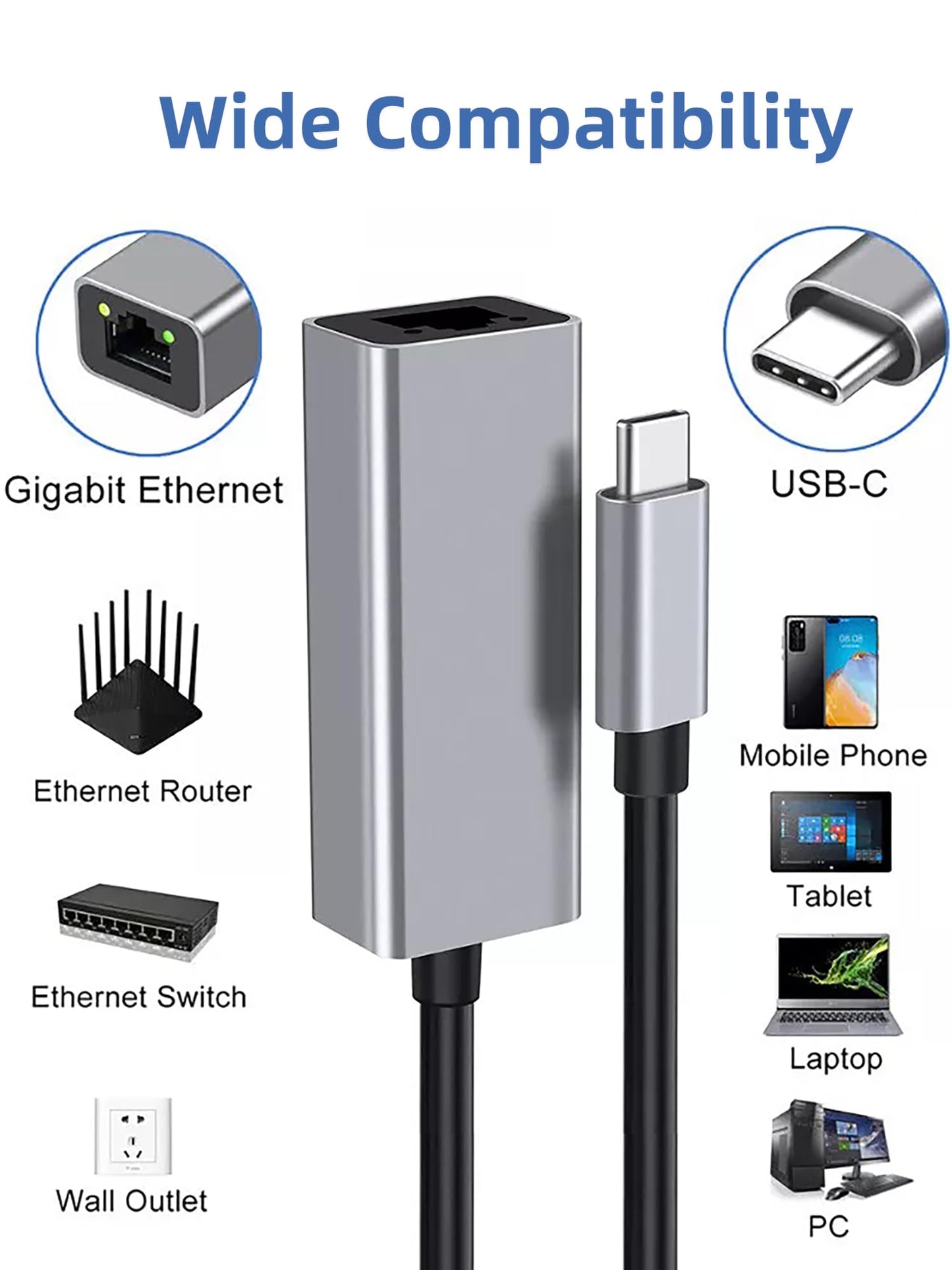 USB C to Ethernet Adapter, 1GHigh-Speed Gigabit Ethernet, Plug & Play USB-C to RJ45 LAN Adapter, Compact & Portable for MacBook Pro/Air,Chromebook