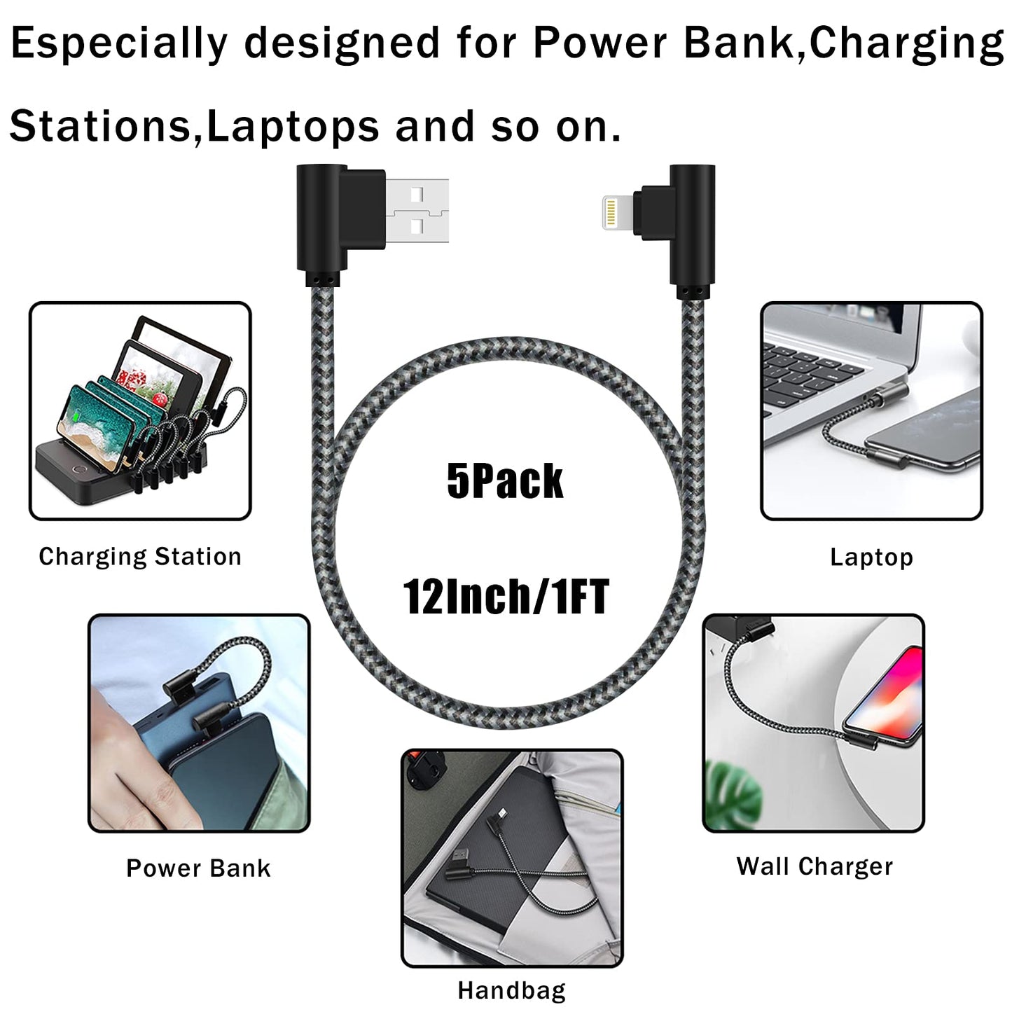 Osecet iPhone Charger 1Ft MFi Certified Short Lightning Cable Braided 90 Degree Elbow Charging Cable Compatible with iPhone 14 13 12 11 Pro X XS XR 8…