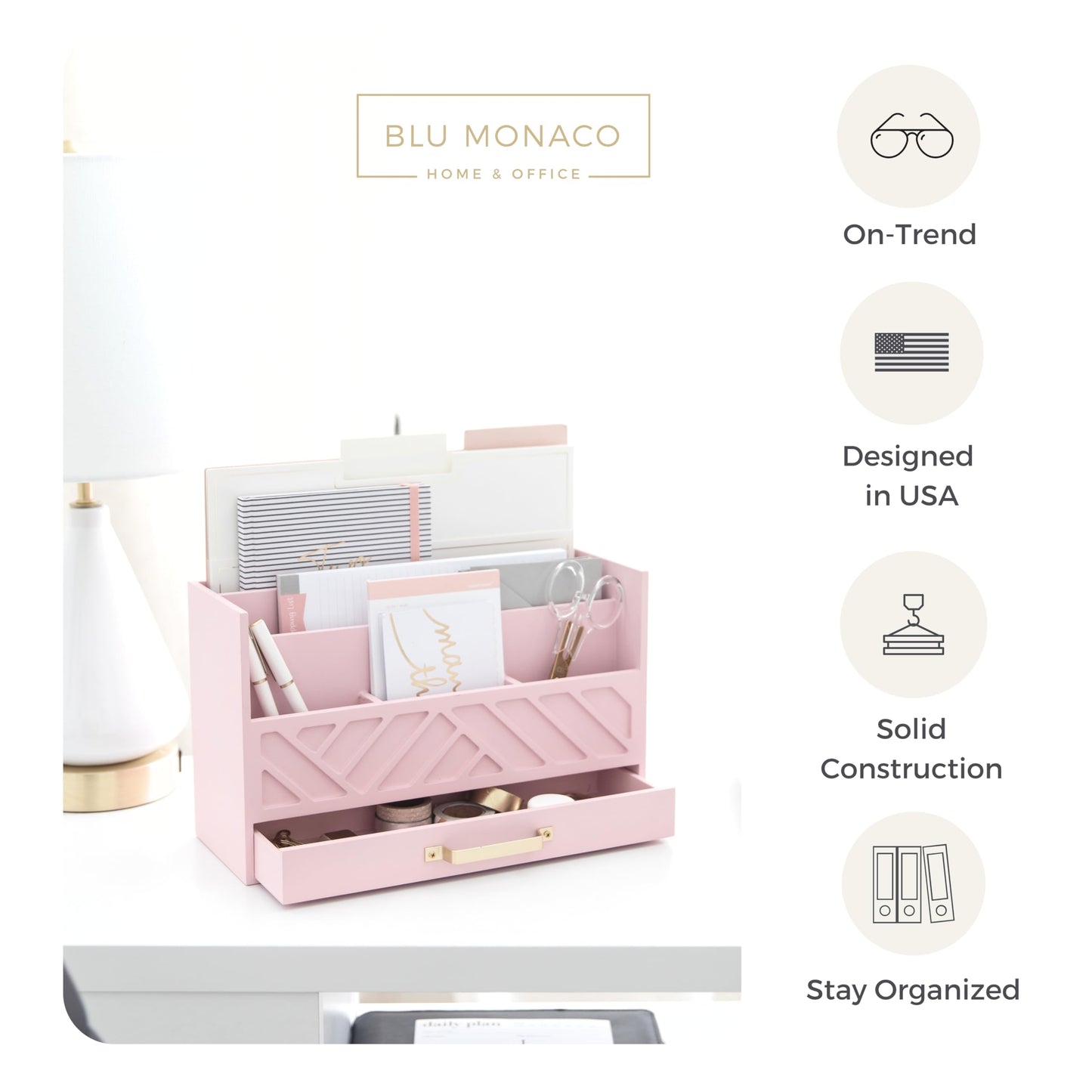 BLU MONACO | Pink Desk Organizers Wooden Mail Organizer with Drawer | Mail Sorter Organizer Countertop Gold Handle | Desk Organizers and Accessories