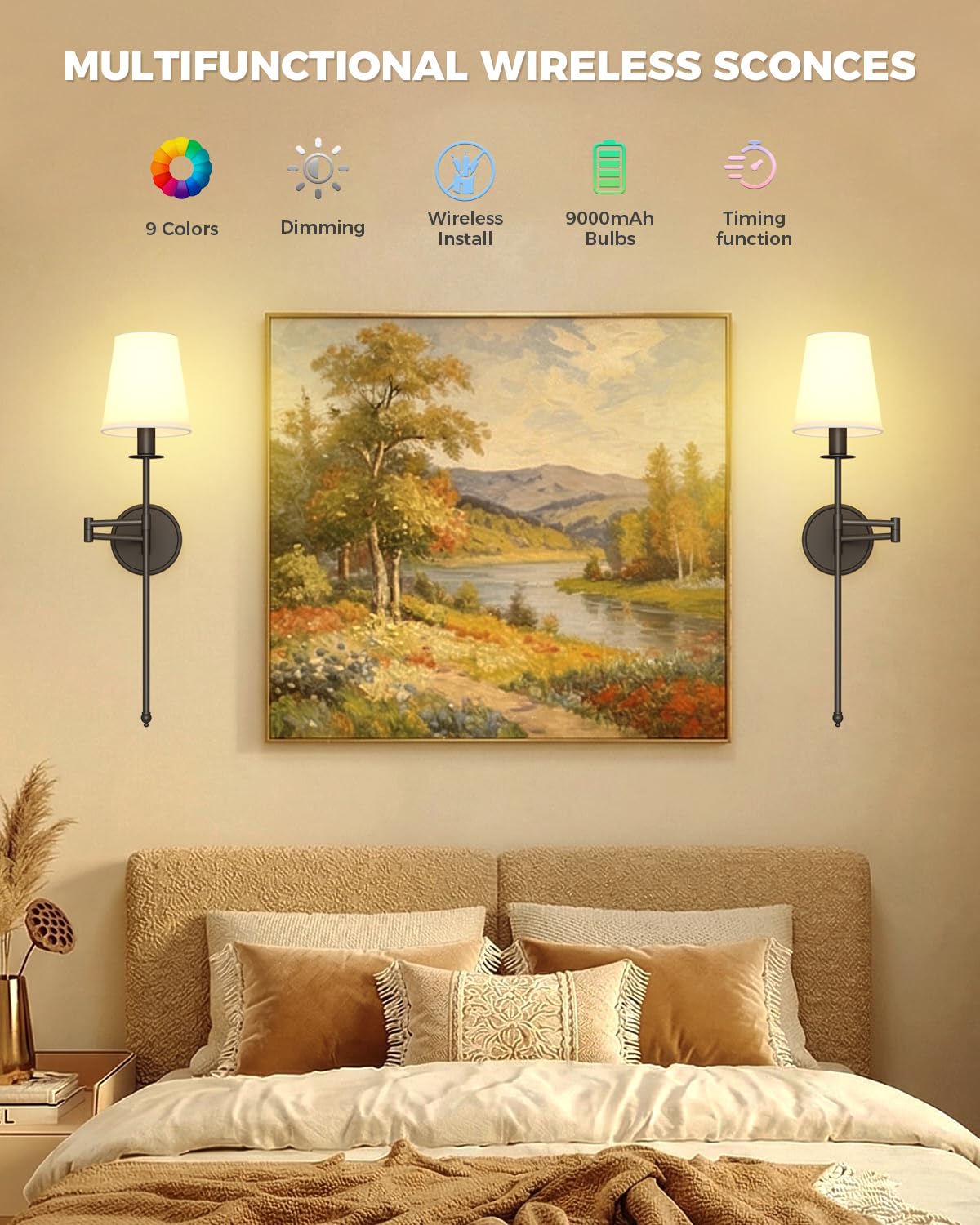 KELIDEN Battery Operated Wall Sconces Set of 2, 24.8" Wireless LED Wall Light with Remote, 9000mAh Rechargeable, RGB & 9CCT Stepless Dimmable, Modern