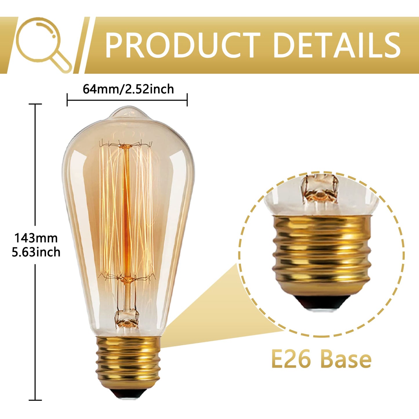ST64 Incandescent Edison Bulb 60W E26 2200K Dimmable Amber Glass 6-Pack