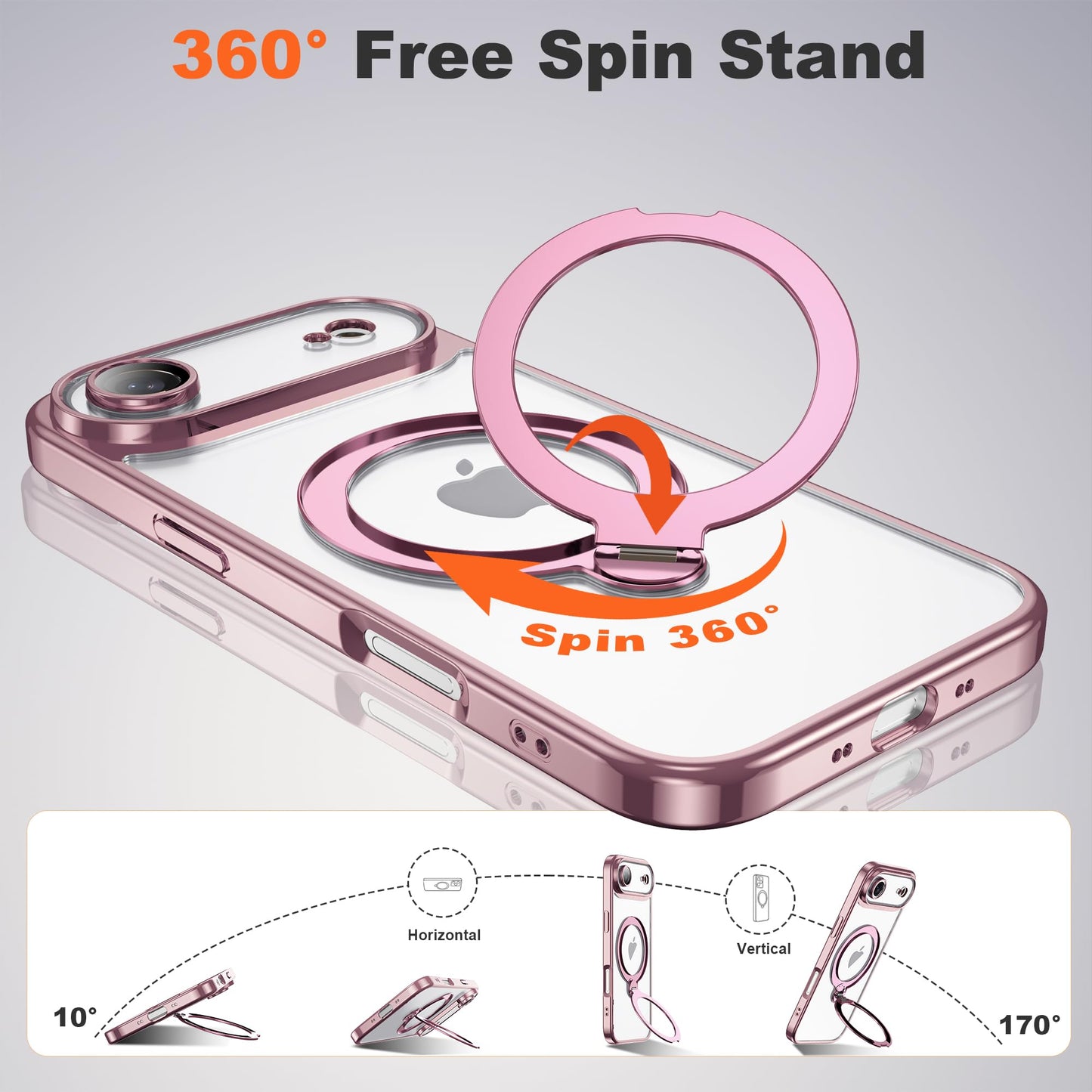 AmoraAqua Compatible with iPhone 17 Air Case with 360° Magnetic Ring Stand Compatible with Mag-Safe Camera Lens Protector Plating Clear Phone Case