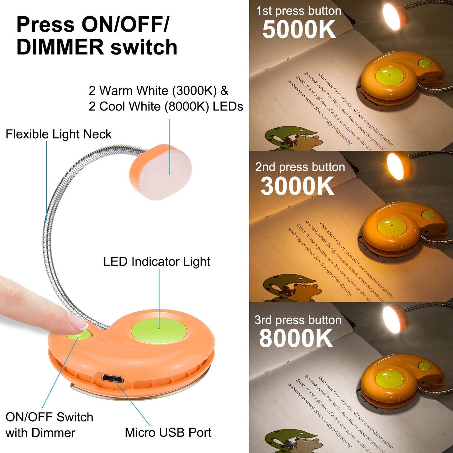 LUXSWAY Rechargeable Book Light, Portable Reading Lamp, Eye Care Book Light, Bookmark Light for Adult Bookworm -Orange