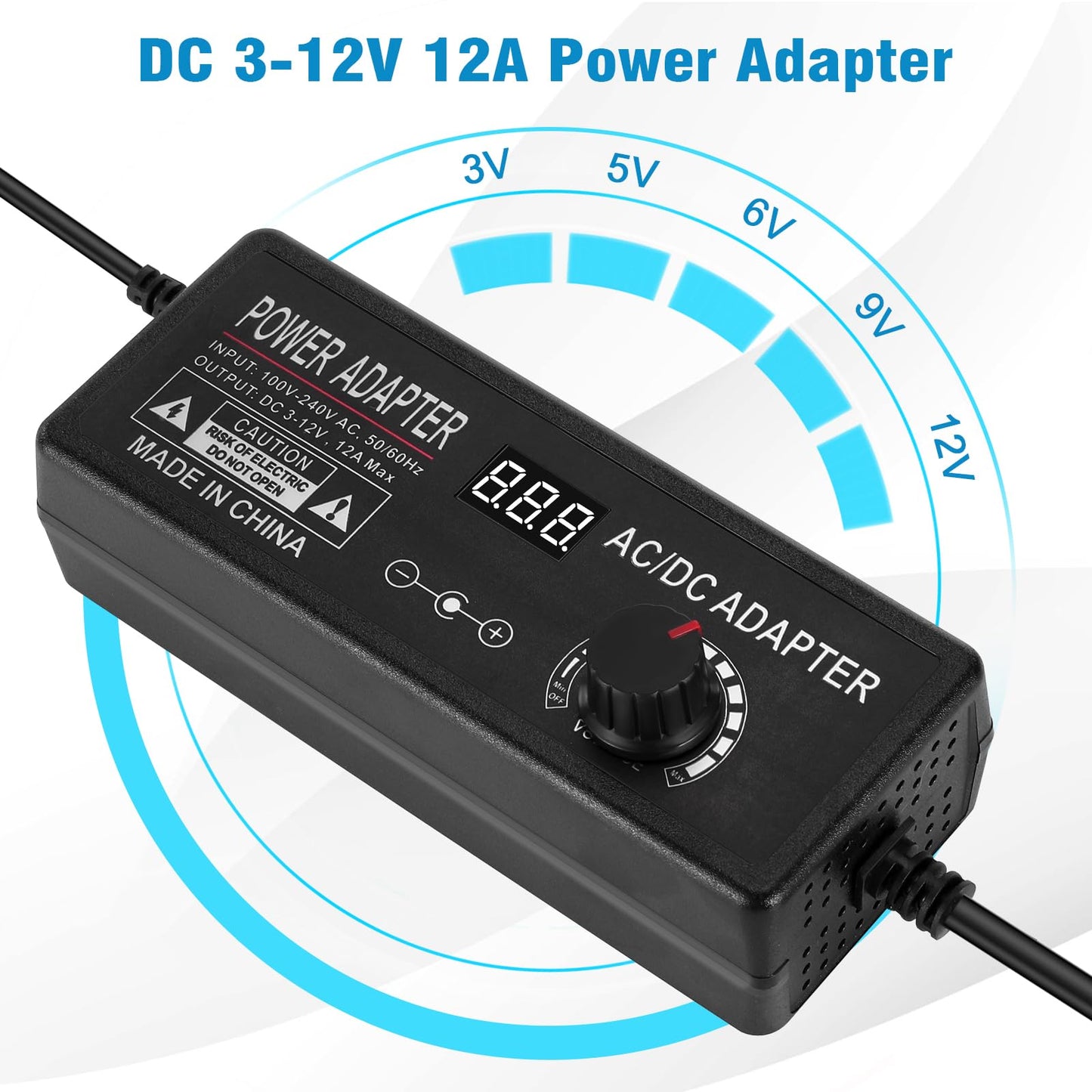 Universal Power Supply Adjustable 3V~12V 12A 144W Variable Switching Power Adapter,3V 4V 5V 6V 7V 8V 9V 10V 11V 12V, Variable DC Power Supply with 14…