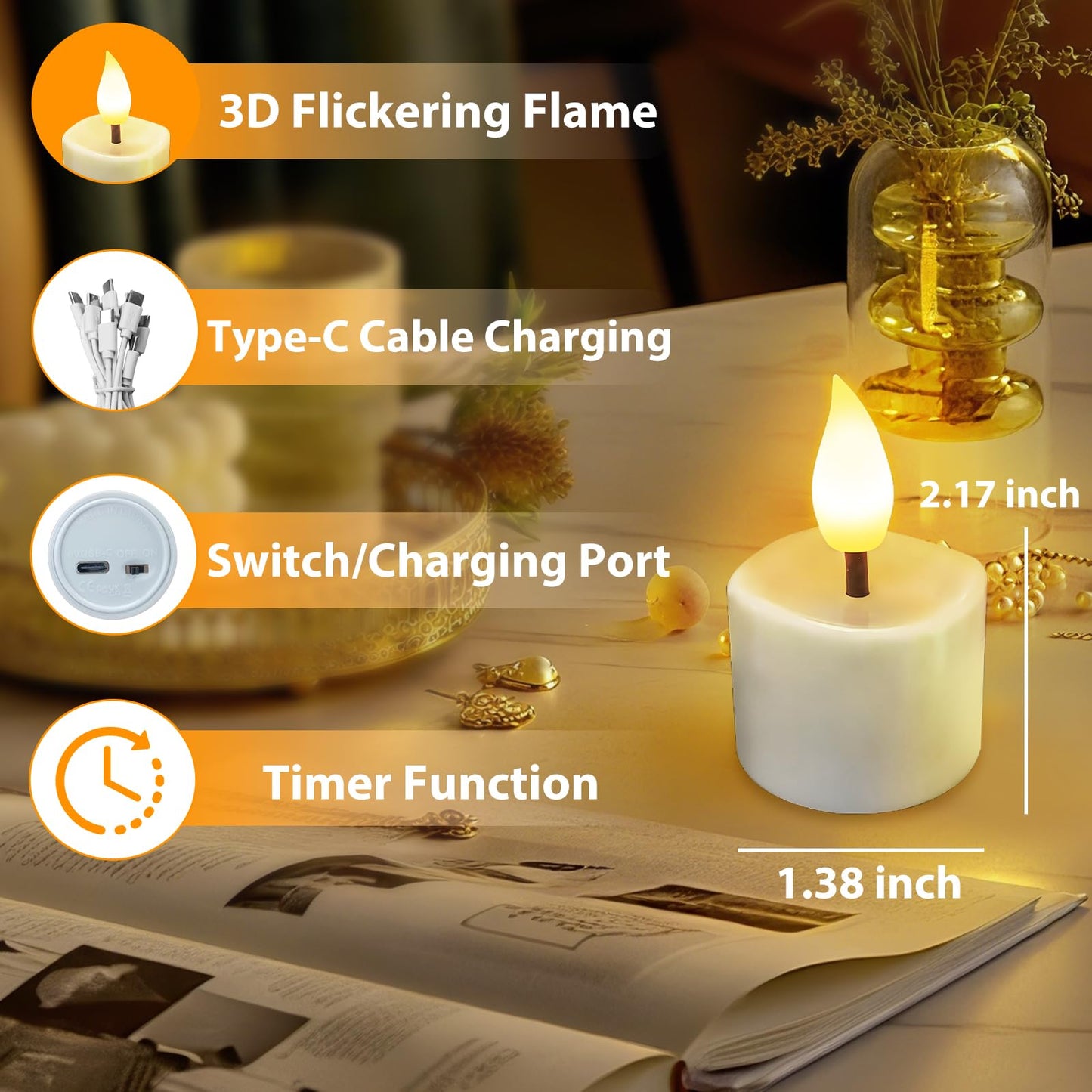 JNOEC Rechargeable Flickering Flameless Tea Lights, 16 Pcs Fake Electric Remote Control Candles with Timer, Safe & Realistic Flame Effect LED Candles