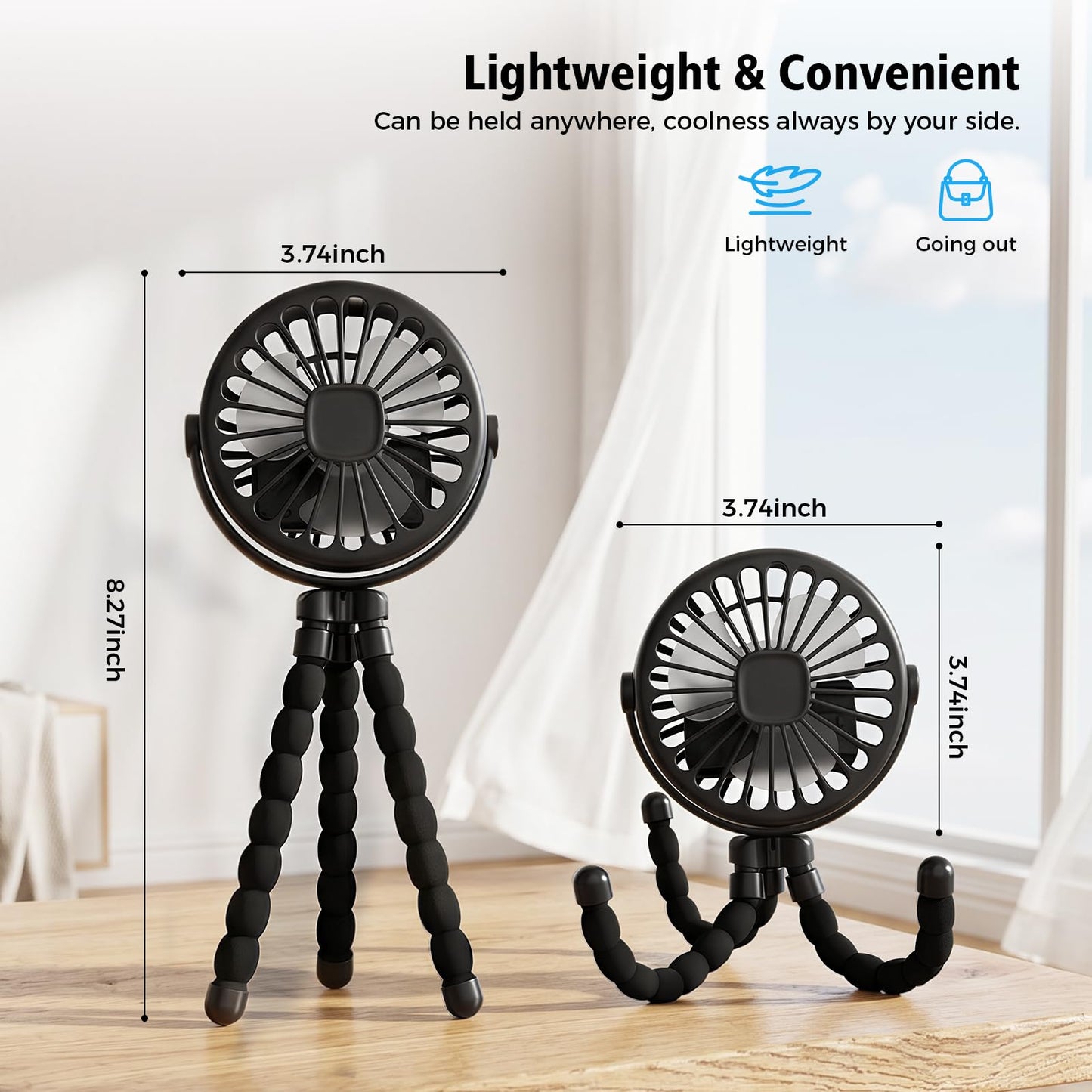 GTPLAYER Pet Stroller Fan, Portable Rechargeable Clip-On Fan with LED Light, Quiet 3-Speed Cooling Fan for Dogs & Cats, Black