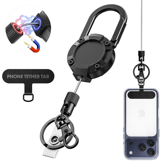 DINALLE Retractable Cell Phone Lanyard - Anti-Theft Phone Tether - Heavy Duty Carabiner Belt Clip, 27" Retractable Steel Line, Locking Magnetic