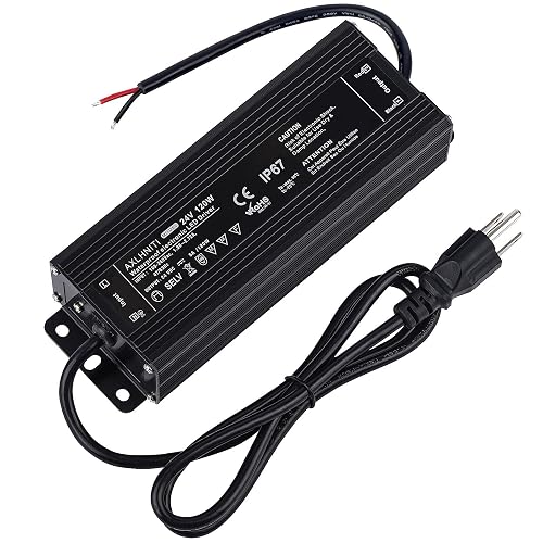 LED Power Supply - 120W IP67 Waterproof, 24V DC for LED Strip Lights, 100V-265V AC Input, 3-Prong Plug with 3.3 Feet Cable