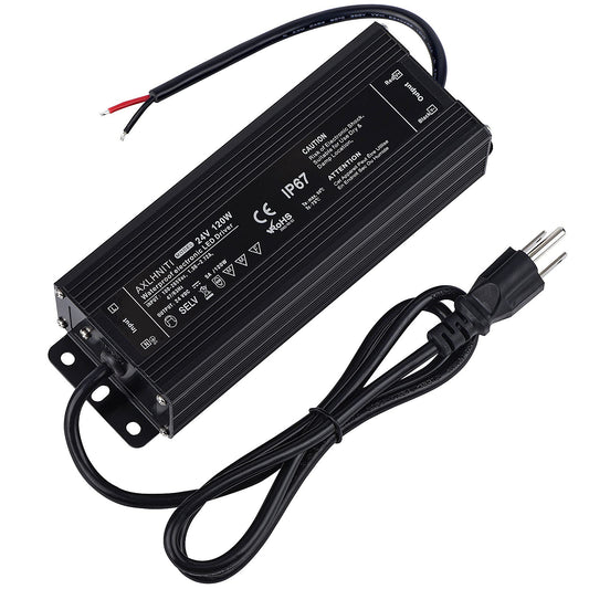 LED Power Supply - 120W IP67 Waterproof, 24V DC for LED Strip Lights, 100V-265V AC Input, 3-Prong Plug with 3.3 Feet Cable