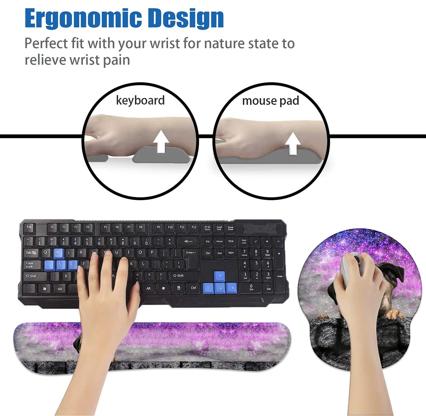 Keyboard Wrist Rest and Mouse Pad Wrist Support Set with Coasters, Non-Slip PU Base Ergonomic Gaming Mousepad for Home Office Working Studying Easy