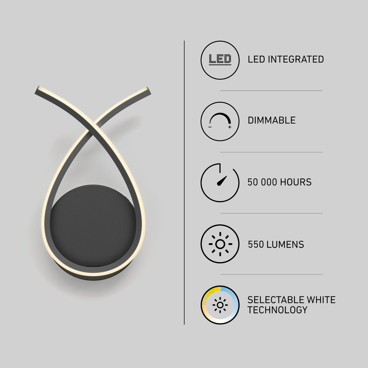 artika Gamma Modern LED Wall Sconce - 550 Lumens, 5 CCT White (2700K-5000K), Dimmable, Integrated LED, 50,000 Hr Lifespan, Loop Design - Matte Black