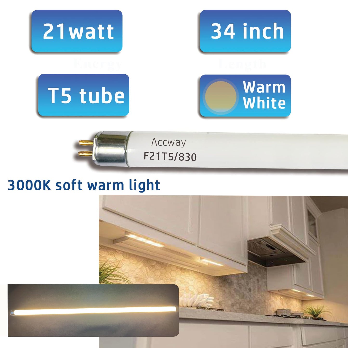 Accway 6pack F21T5/830 21Watt 34 inch Fluorescent Light Bulb, T5 3000K Soft White Linear Tube, F21T5/21W/830 Warm White Replacement for Under Counter