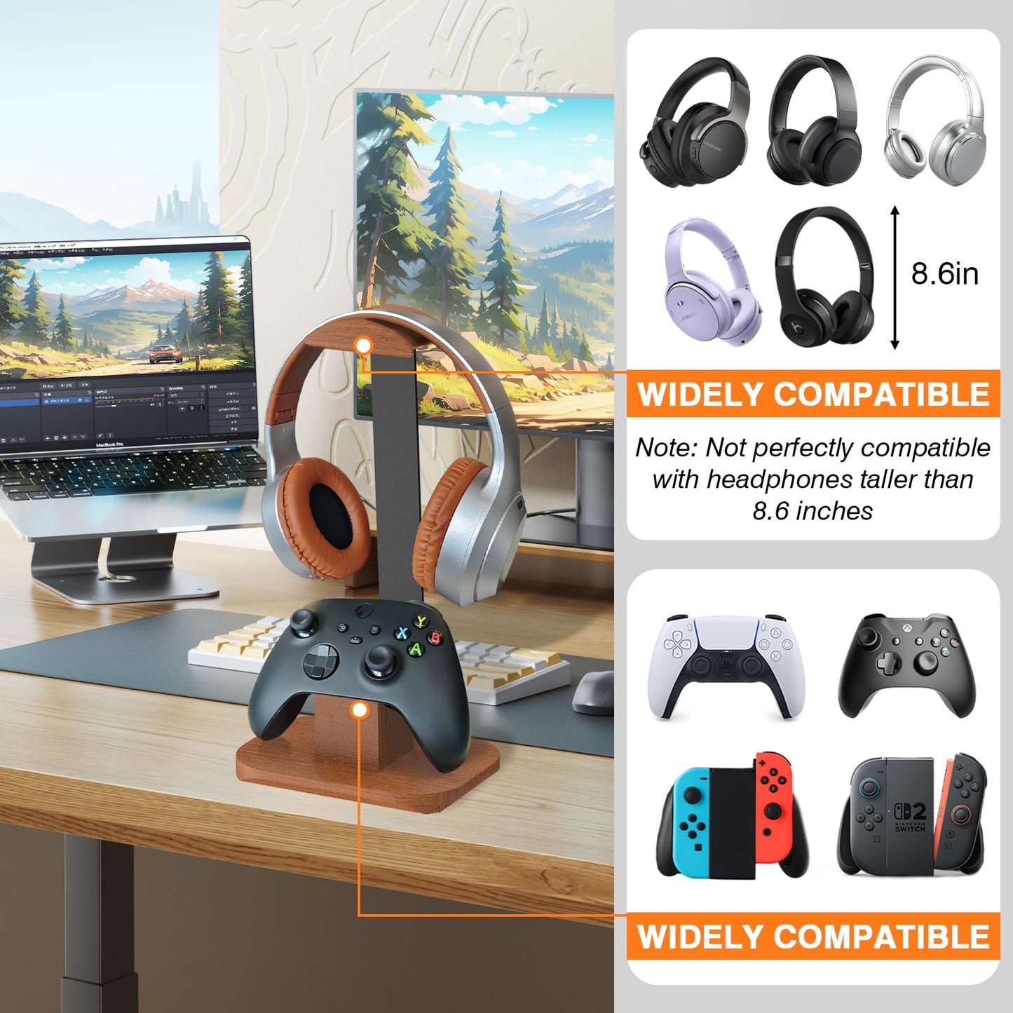 Moginno Walnut Headphone and Controller Stand, Desk Gaming Equipment Wooden Headset Controller Holder, Earphone Hook for Game Room Desktop PC…
