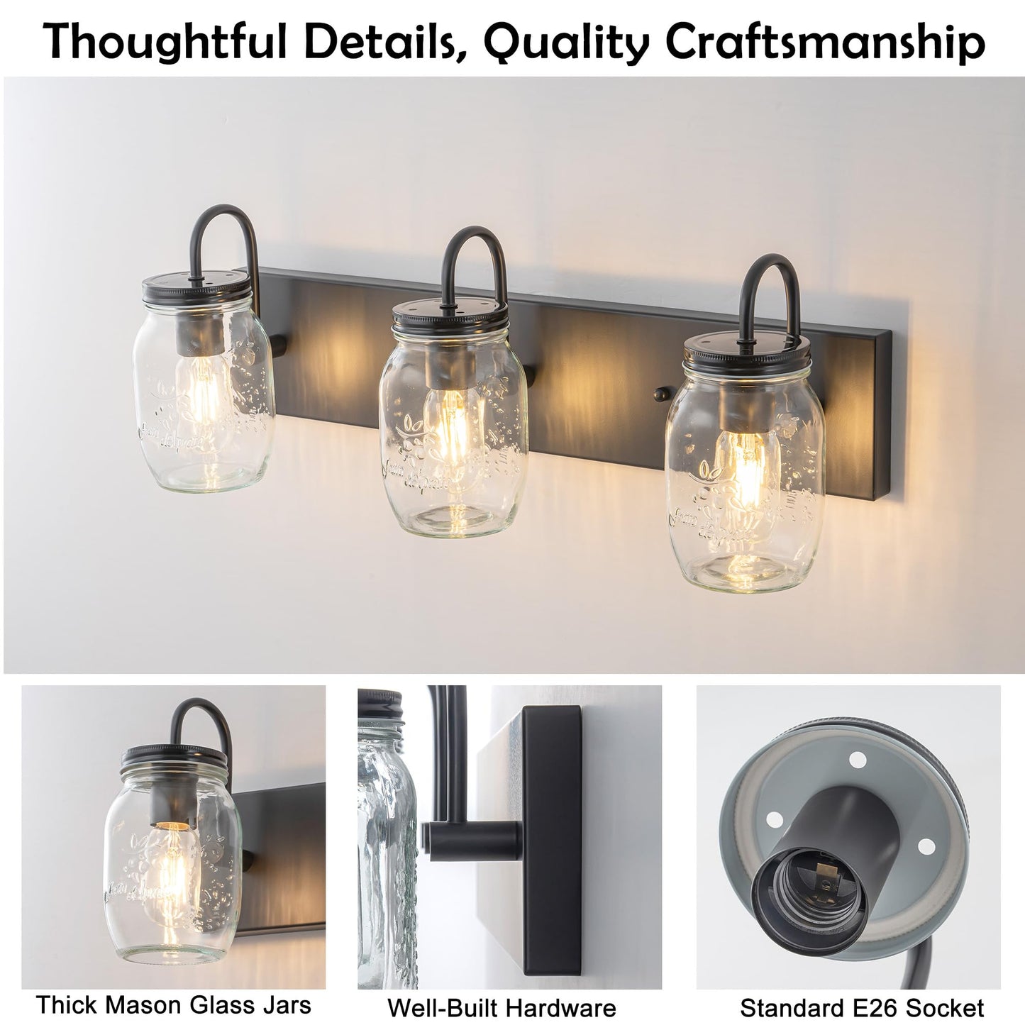LMSOD Vanity Glass Wall Lights,Mason Jar Black Wall Sconce for Bathroom Farmhouse