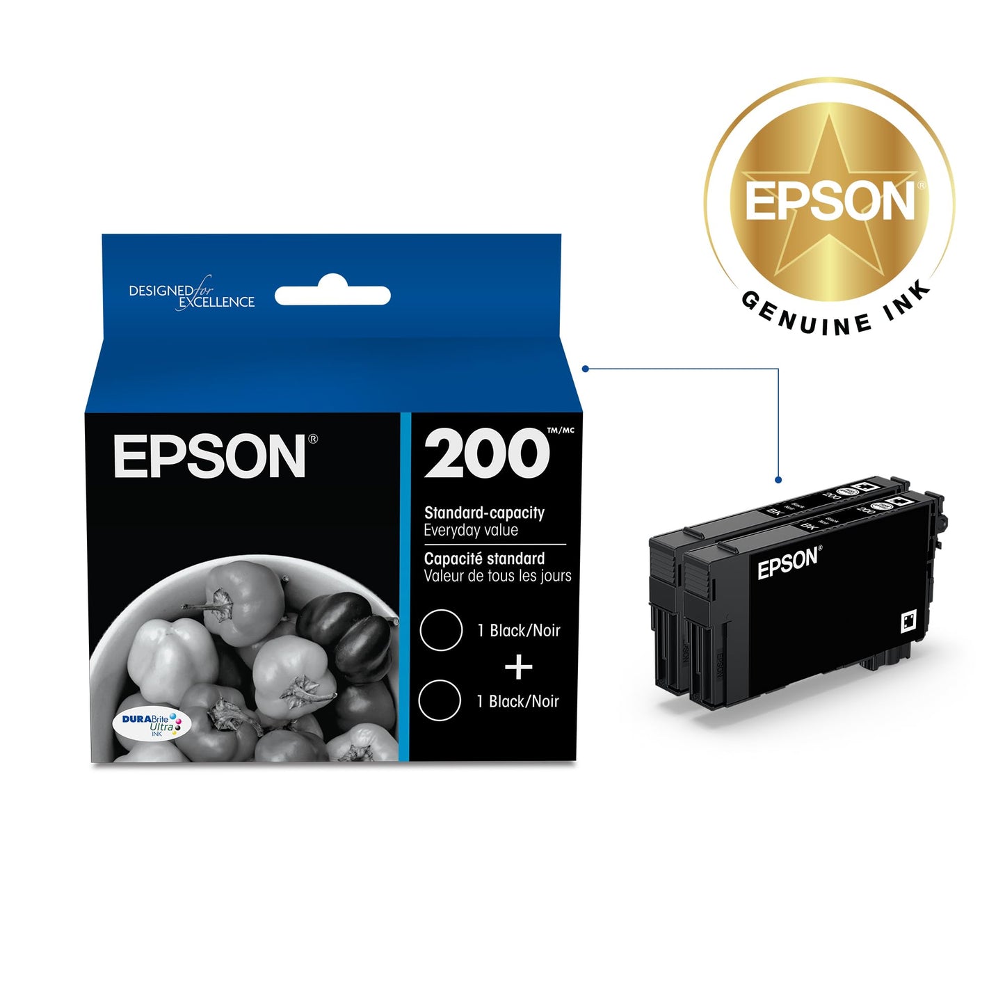 EPSON 200 DURABrite Ultra Ink Standard Capacity Black Dual Cartridge Pack (T200120-D2) Works with WorkForce WF-2520, 2530, 2540, Expression XP-200