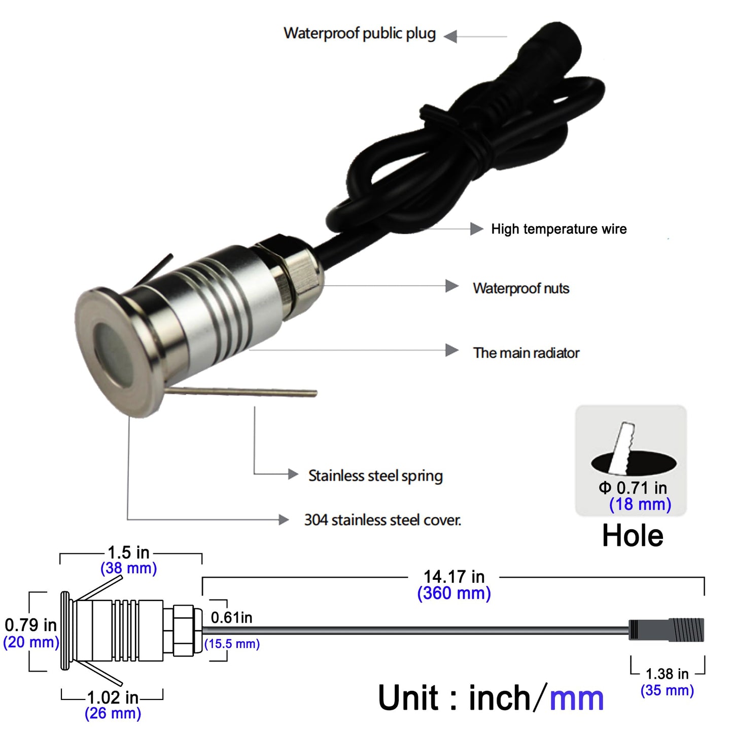 CNBRIGHTER LED Mini In-Ground Well Light-Finger Size,1W 12V DC,120° Wide Beam Angle,IP67 Waterproof,Recessed Marker Indicator Underground Outdoor