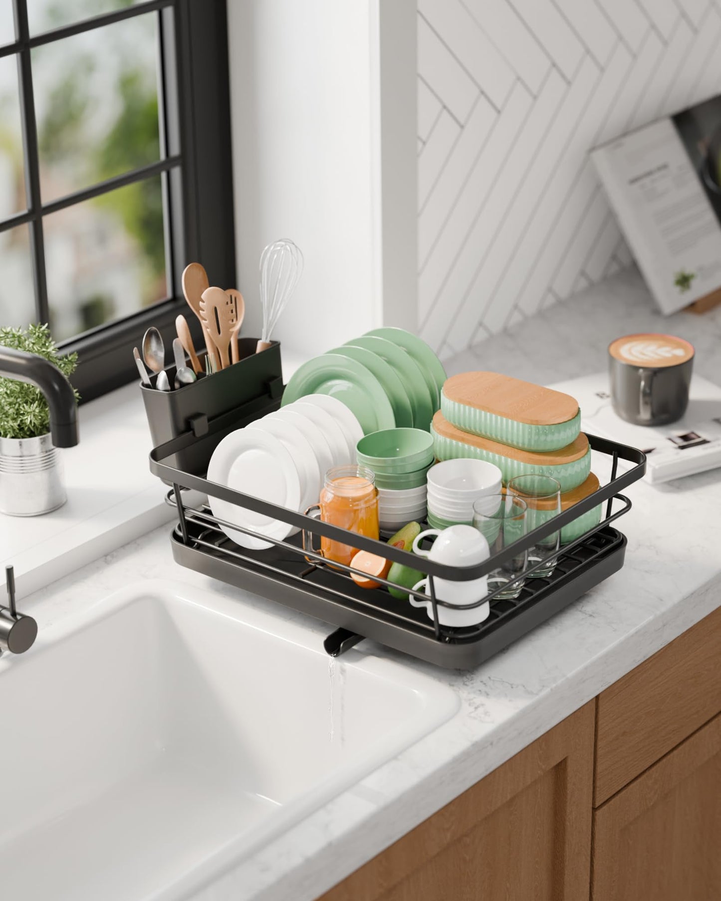 Kitsure Dish Drying Rack for Kitchen Counter, Stainless Steel with Cutlery Holder, Sink Organization & Storage, 12"x15.5", Black