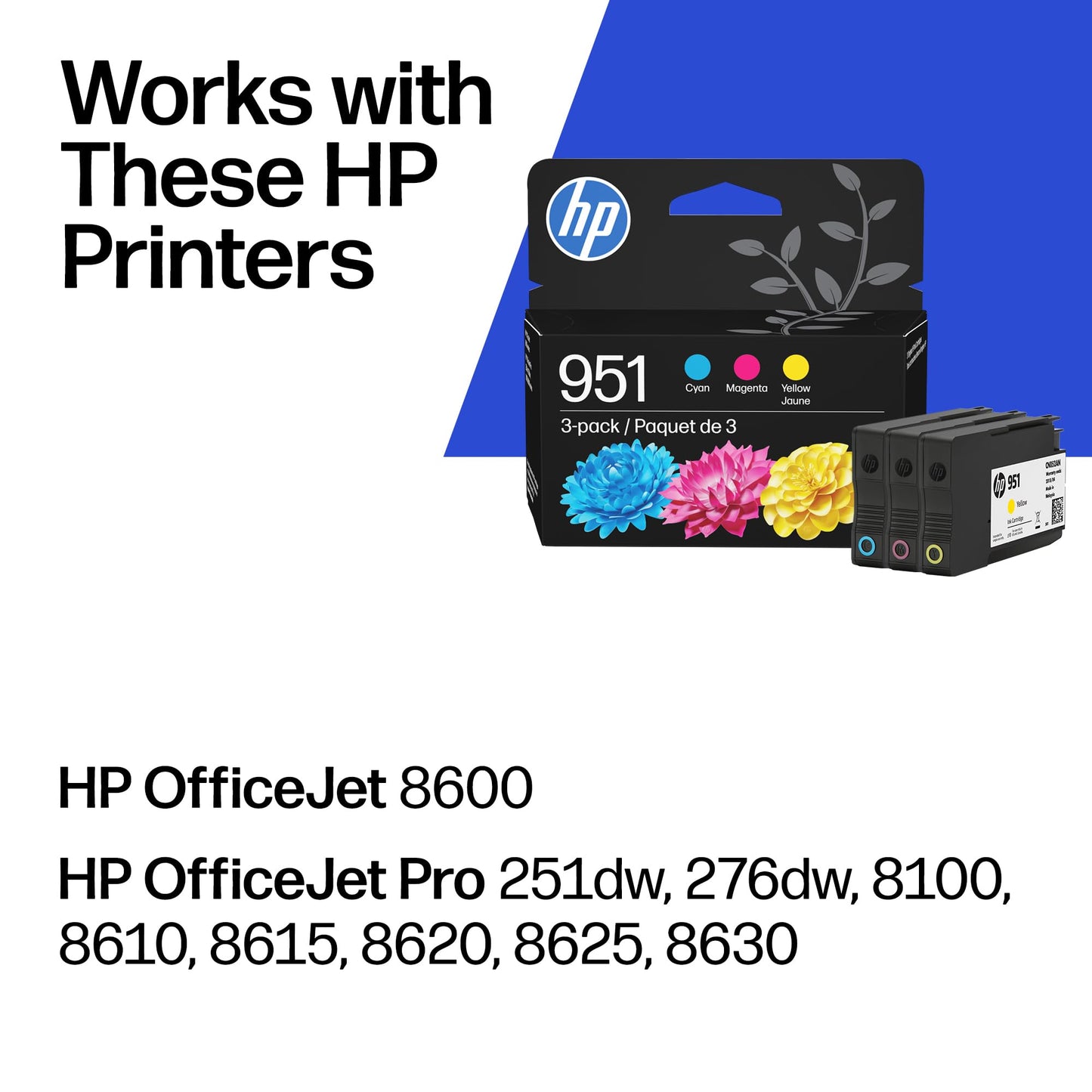 HP 951 Cyan, Magenta, Yellow Ink Cartridges (3 Pack) | Works with OfficeJet 8600, OfficeJet Pro 251dw, 276dw, 8100, 8610, 8620, 8630 | Eligible