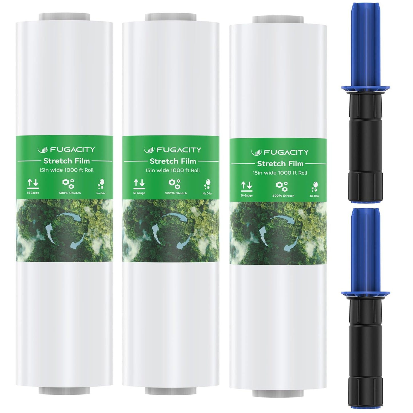 Stretch Warp Film- FugaCity 3 Pack Heavy Duty Shrink Wrap Roll with Handles 15" x 1000 Feet, 60 Gauge Industrial Strength for Pallet Wrap, Furniture