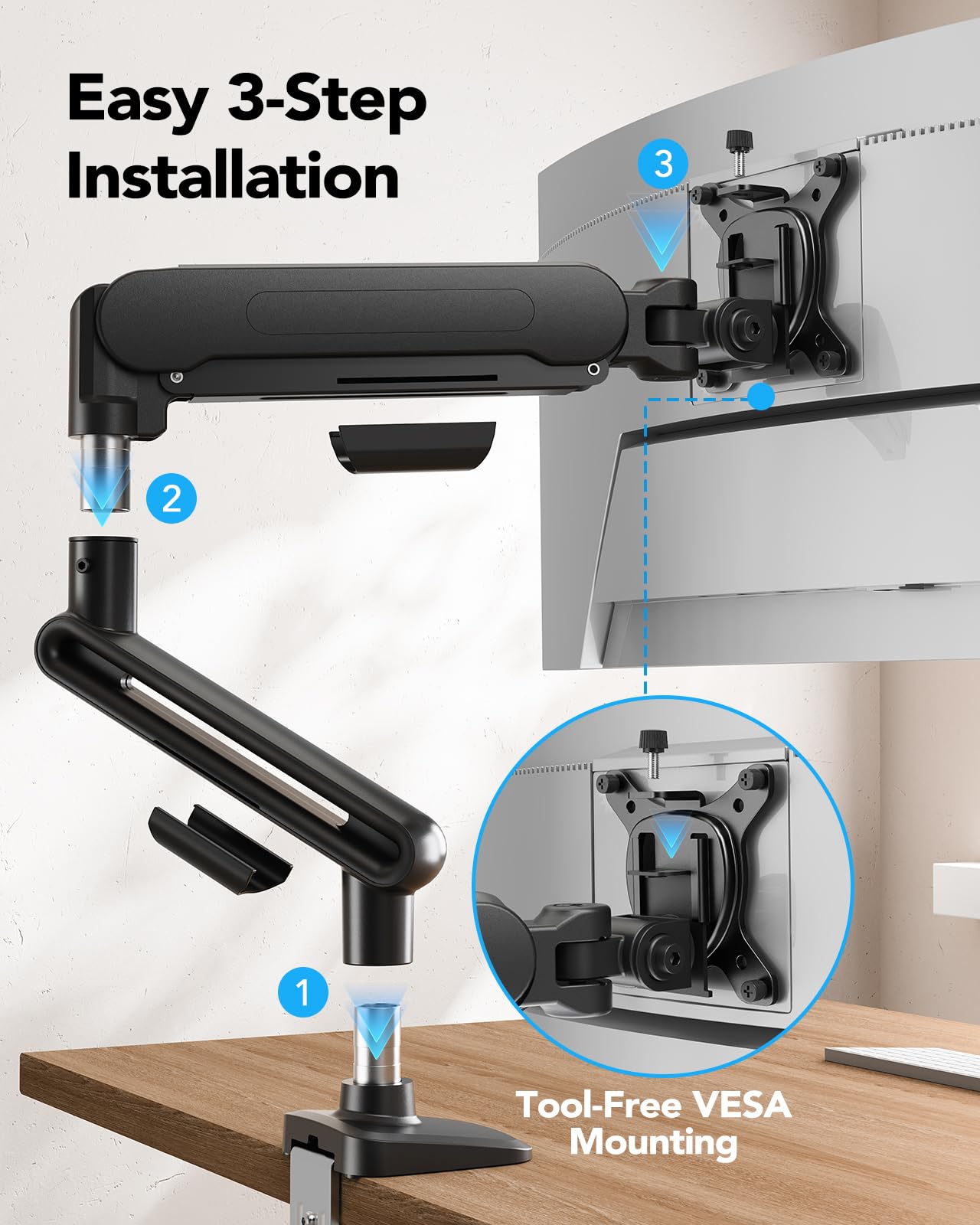 HUANUO Ultrawide Monitor Arm for 13 - 40" Screens, Single Monitor Mount Holds up to 26.4lbs, Adjustable Monitor Stand with C-Clamp & Grommet Base