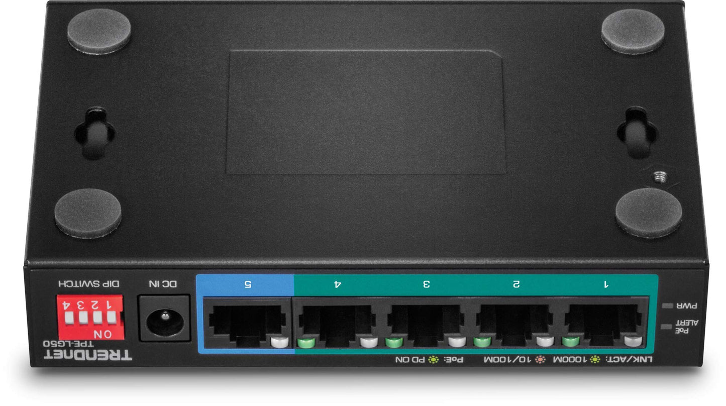 TRENDnet 5-Port Gigabit Long Range PoE+ Switch, TPE-LG50, 4 x PoE+ Ports, 1 x Gigabit Port, Camera DIP Switch extends PoE+ 200m (656 ft.), (Renewed)