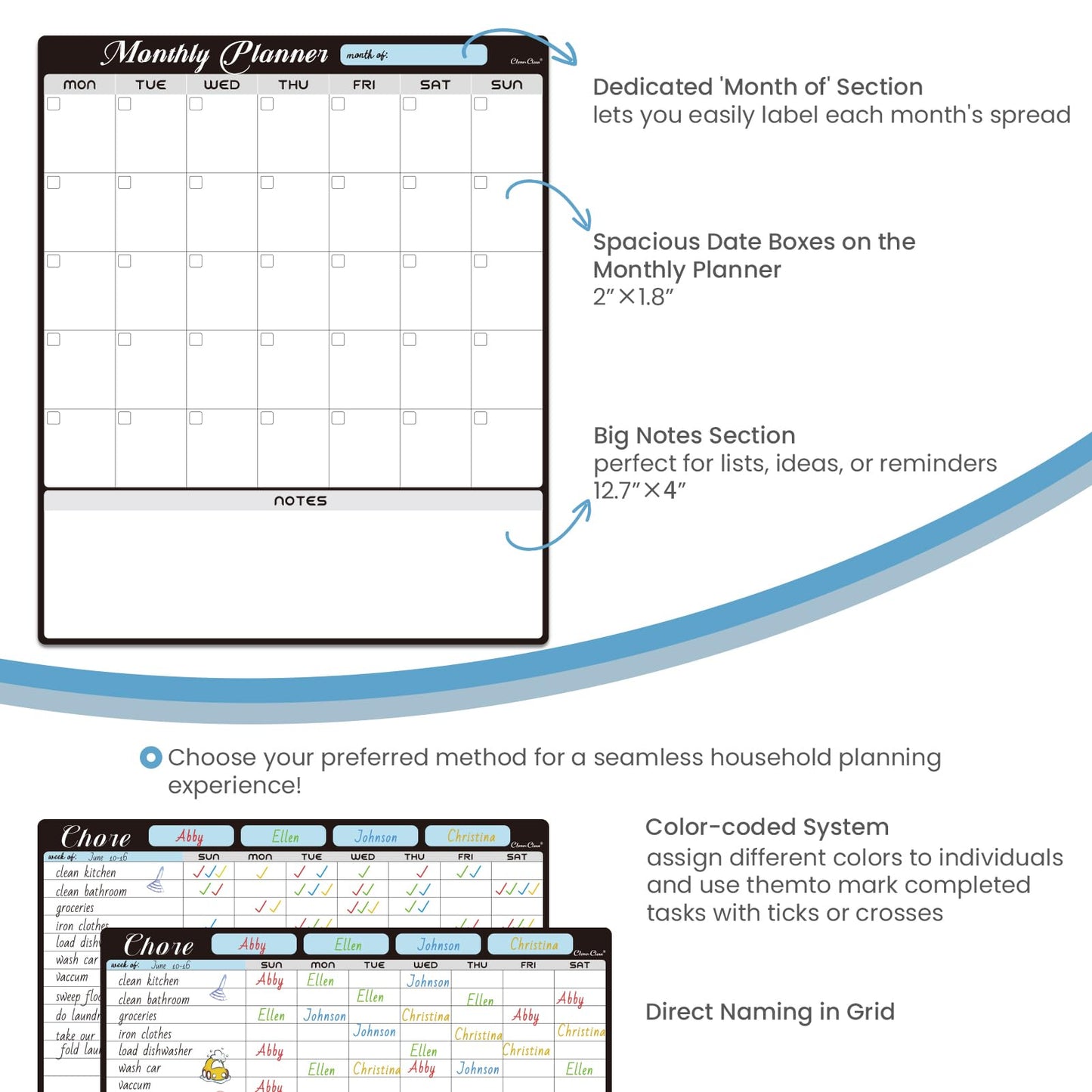 Magnetic Dry Erase Monthly Calendar Set - 15.5"x13" Monthly Calendar and 8.5"x13" Chore Board for Fridge - 6 Extra Fine Point Markers Included