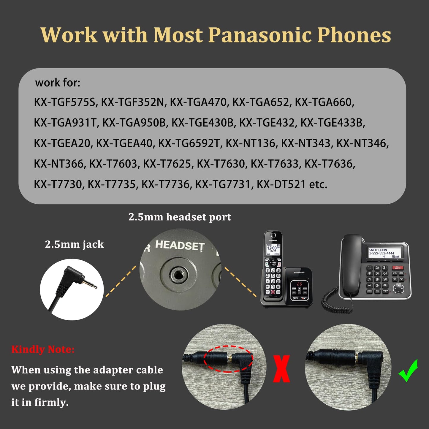 Callez 2.5mm Cordless Phone Headset with Microphone, Telephone Headphone Compatible with Uniden Panasonic VTech AT&T Cisco SPA RCA Dect Cordless