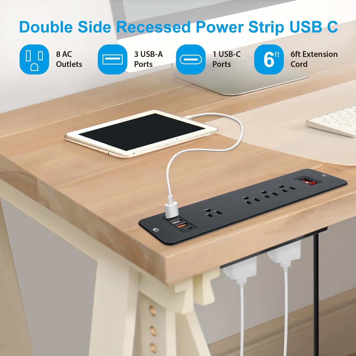 8 Outlets Dual Side USB C Recessed Power Strip Flush Mount Charging Station Built in Desk Multiple Power Socket for Furniture Cabinet Table Conference