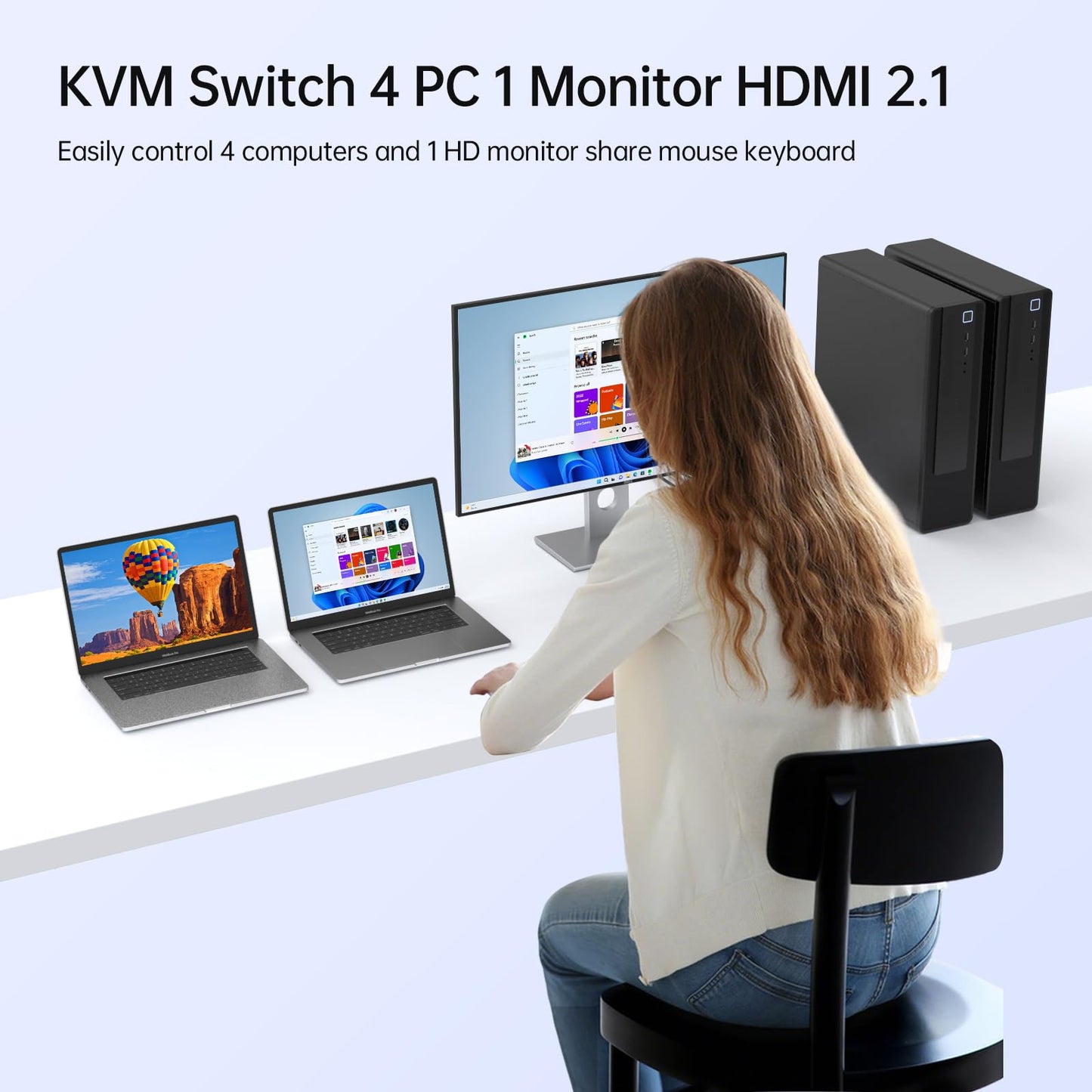 KCEVE USB 3.0 KVM Switch 4 Computers 1 Monitor HDMI 8K@60Hz, 4K@144Hz, KVM Switch 4 Port for 4 Computer Share Keyboard Mouse, Power Adapter, Wired