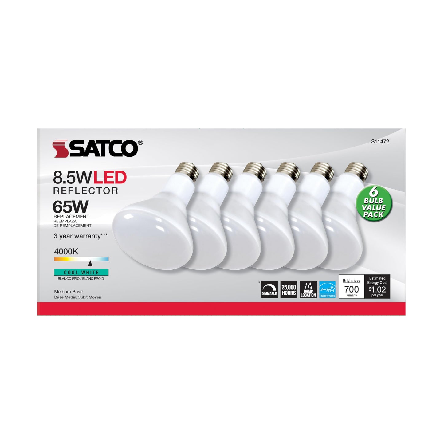 Satco S11472, BR30 LED Flood Light Bulbs, 4000K, 6-Pack, Replacement Bulb