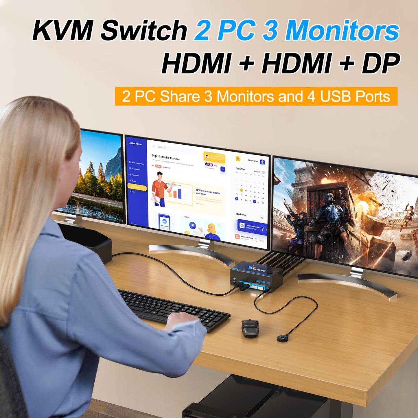 KCEVE 8K KVM Switch 3 Monitors 2 Computers HDMI DP, USB 3.0 KVM Switch Dual Monitor 4K@144Hz 8K@60Hz for 2 Computer Share Keyboard Mouse, with Power