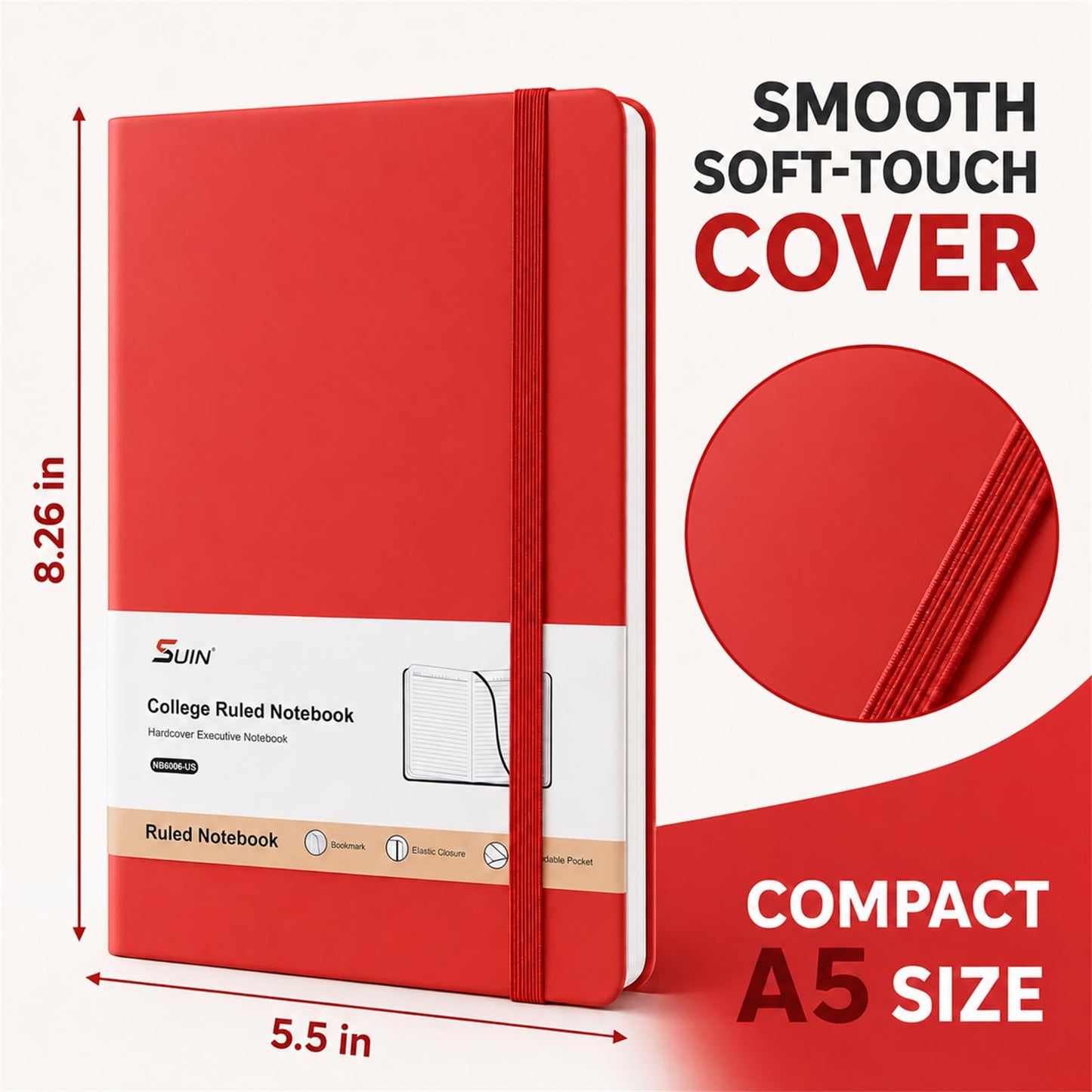 SUIN Hardcover-Journal-Notebooks, A5 Lined Journals Notebook for Writing 200 Pages, 8.2 x 5.5 inch, Classic Ruled Notebooks for Work/Travel/College