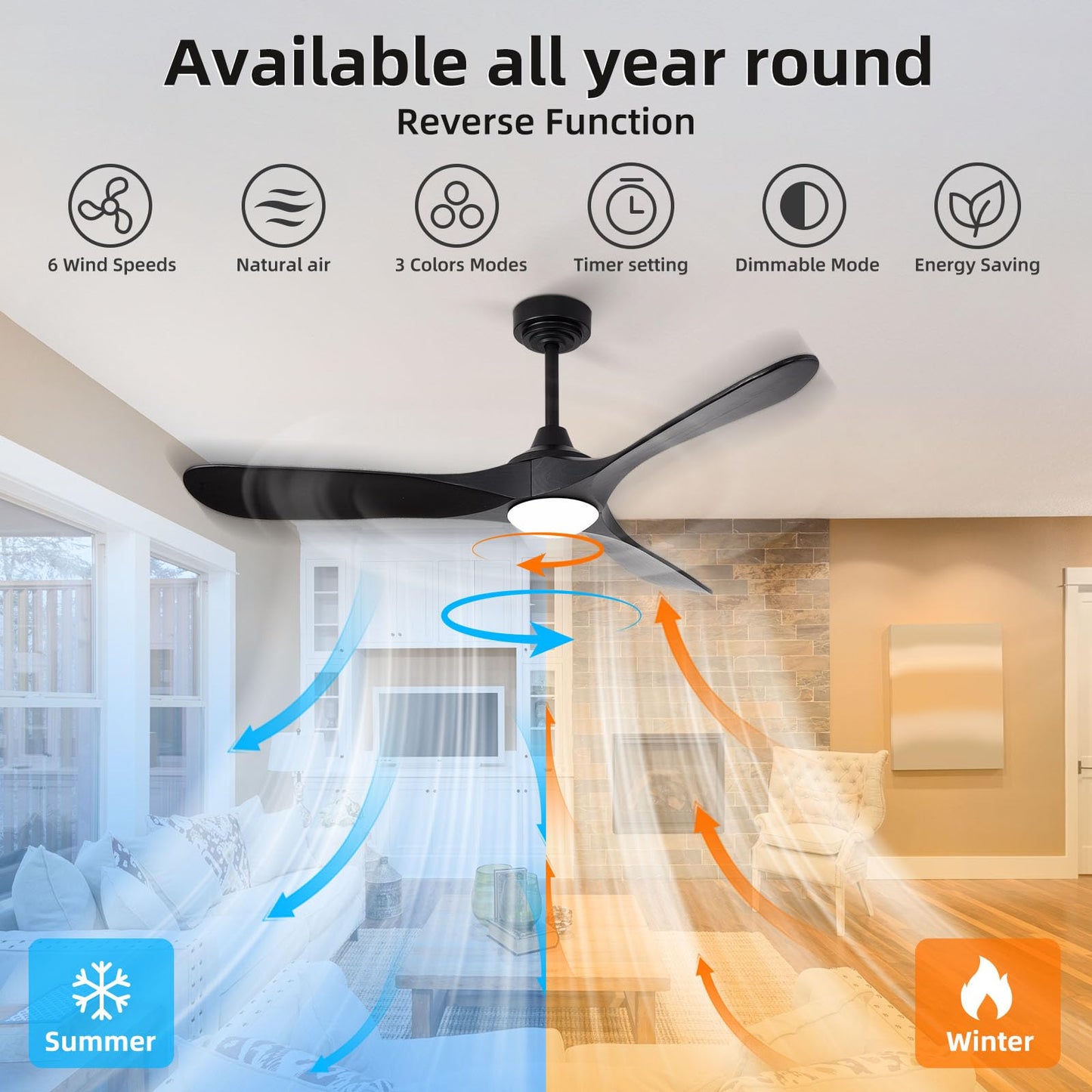 Homlit 52” Outdoor Ceiling Fan with Light and Remote via WiFi Alexa, 3 Black Solid Wood Blade, Noiseless Reversible Dc Motor, Smart Outdoor Wood