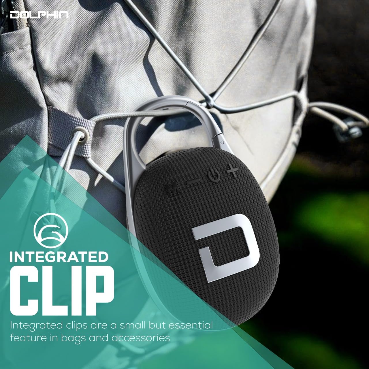 Dolphin Waterproof Clip-On Bluetooth Speaker - Portable & Rechargeable, Perfect for Hiking, Travel, Beach, Pool, and Outdoor Adventures (Black)