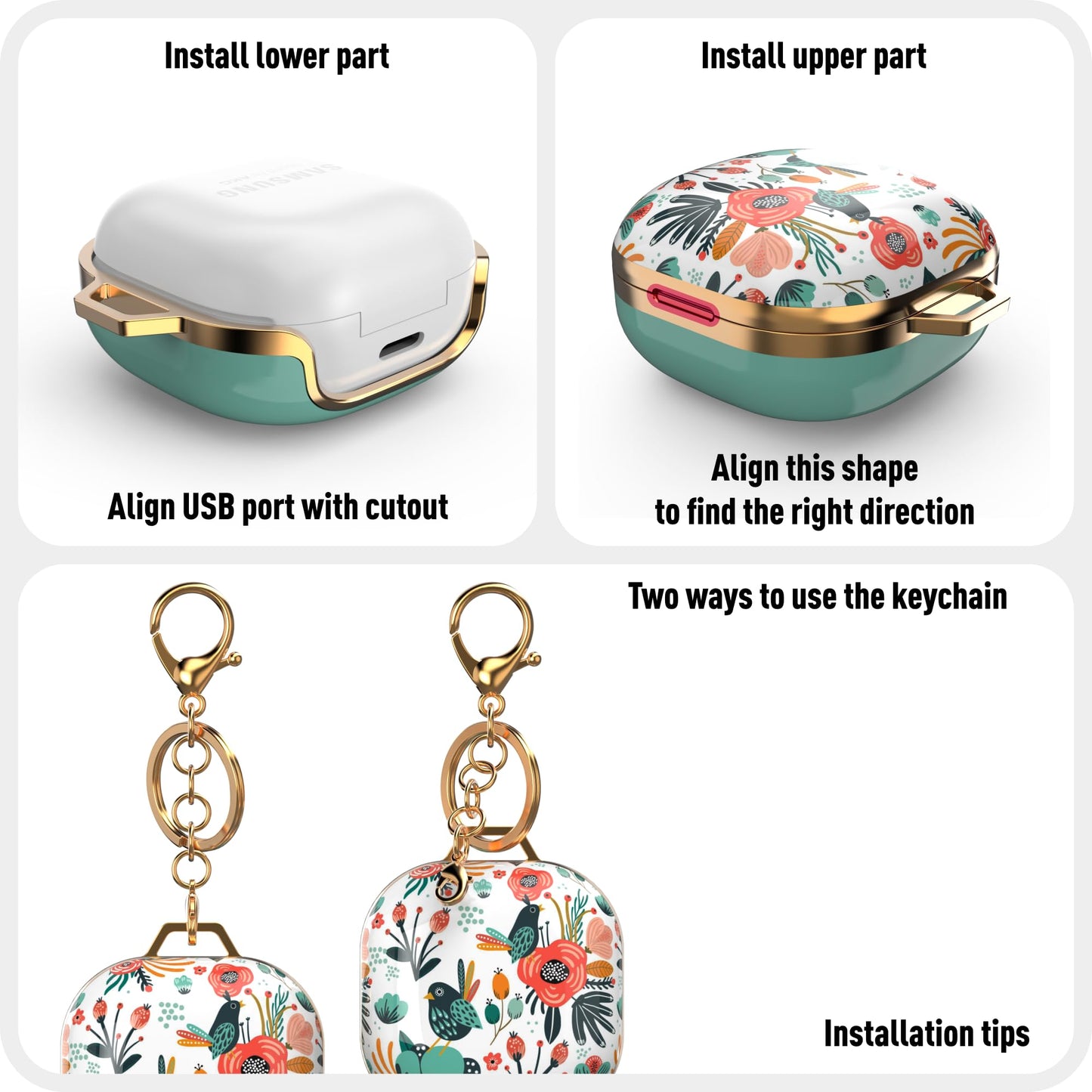 wenew Case Cover for Galaxy Buds 2/ Galaxy Buds Pro/Galaxy Buds Live, Cute Patterns Hard Shell with Key Chain Clip for Girls Kids Women Men (Mint)