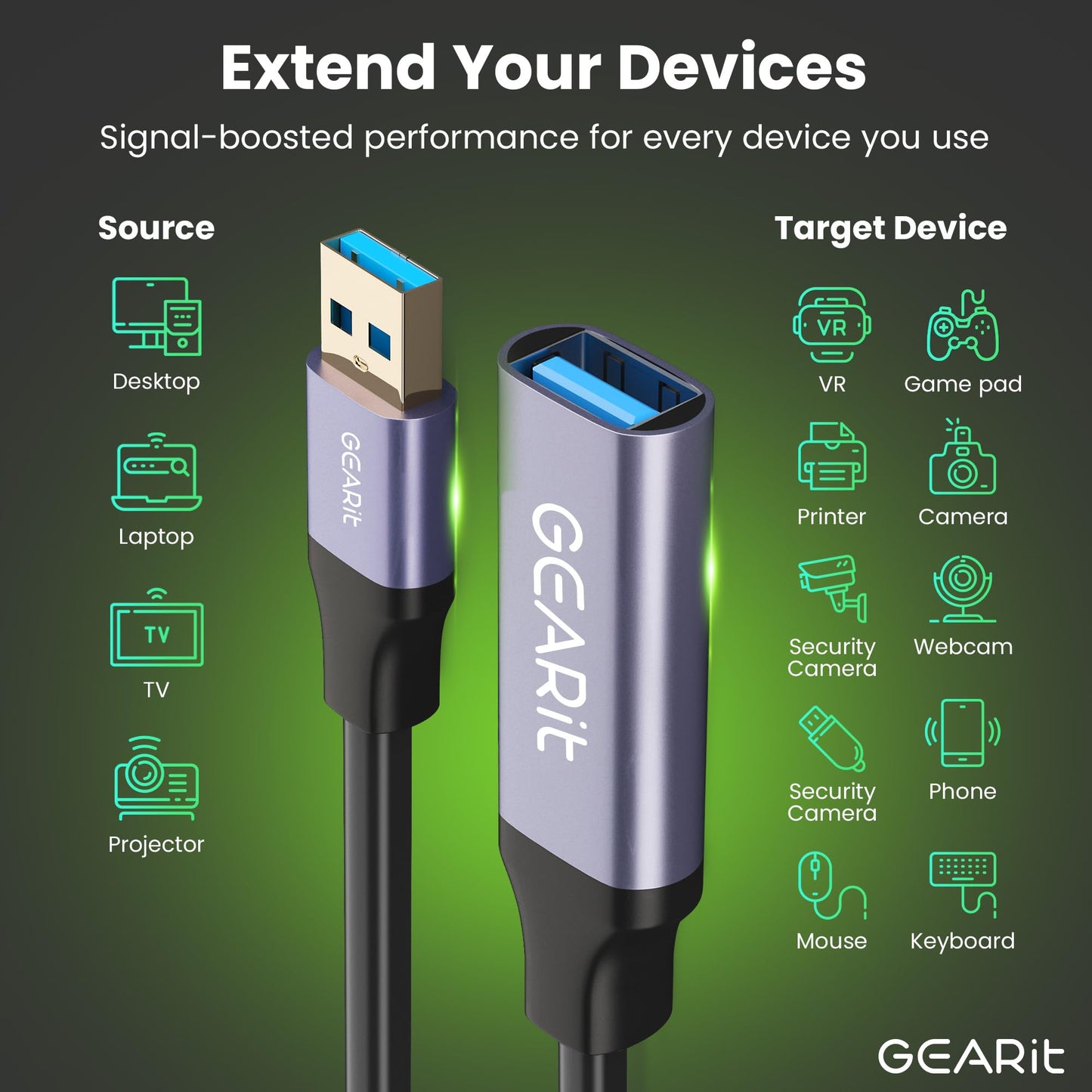 GEARit USB 3.0 Active Extension Cable (30 Feet) A-Male to A-Female USB Repeater with Signal Booster for Oculus Rift, Quest Link, Xbox 360 Kinect