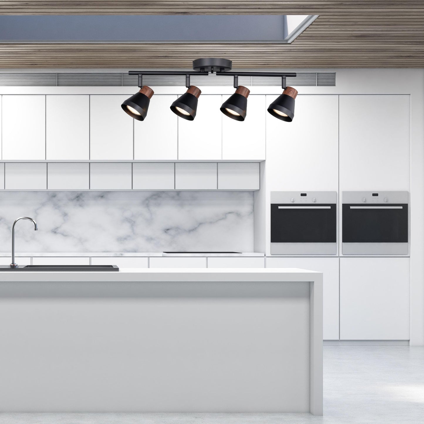 CRAFTRONOS 4 Light Modern Track Lighting Kit Black and Faux Wood Finish, Flexibly Adjustable Arm with Multi-Directional Ceiling Spotlight for Kitchen