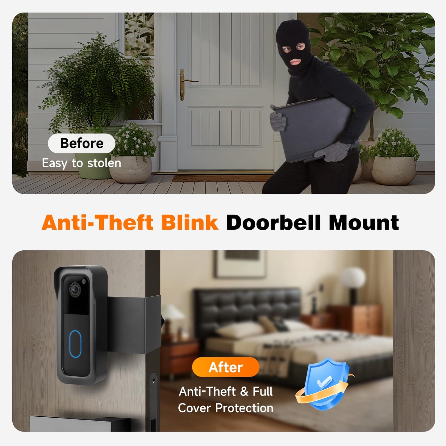 Blink Doorbell Mount, Anti-theft Metal Doorbell Camera Mount No Drilling with Rain Cover for Blink Video Doorbell 1st & 2nd Gen, No Block Sensor