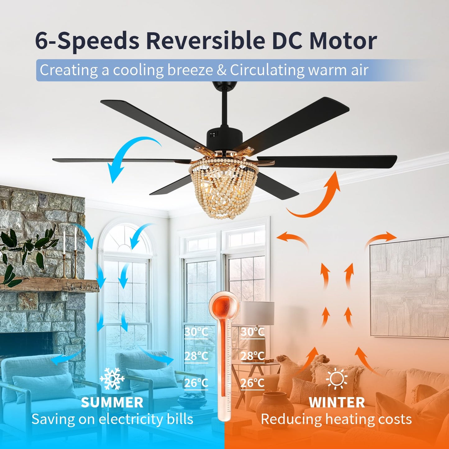 OYYPTDZM 65 Inch Ceiling Fan with Lights and Remote, Wooden Bead Fandelier