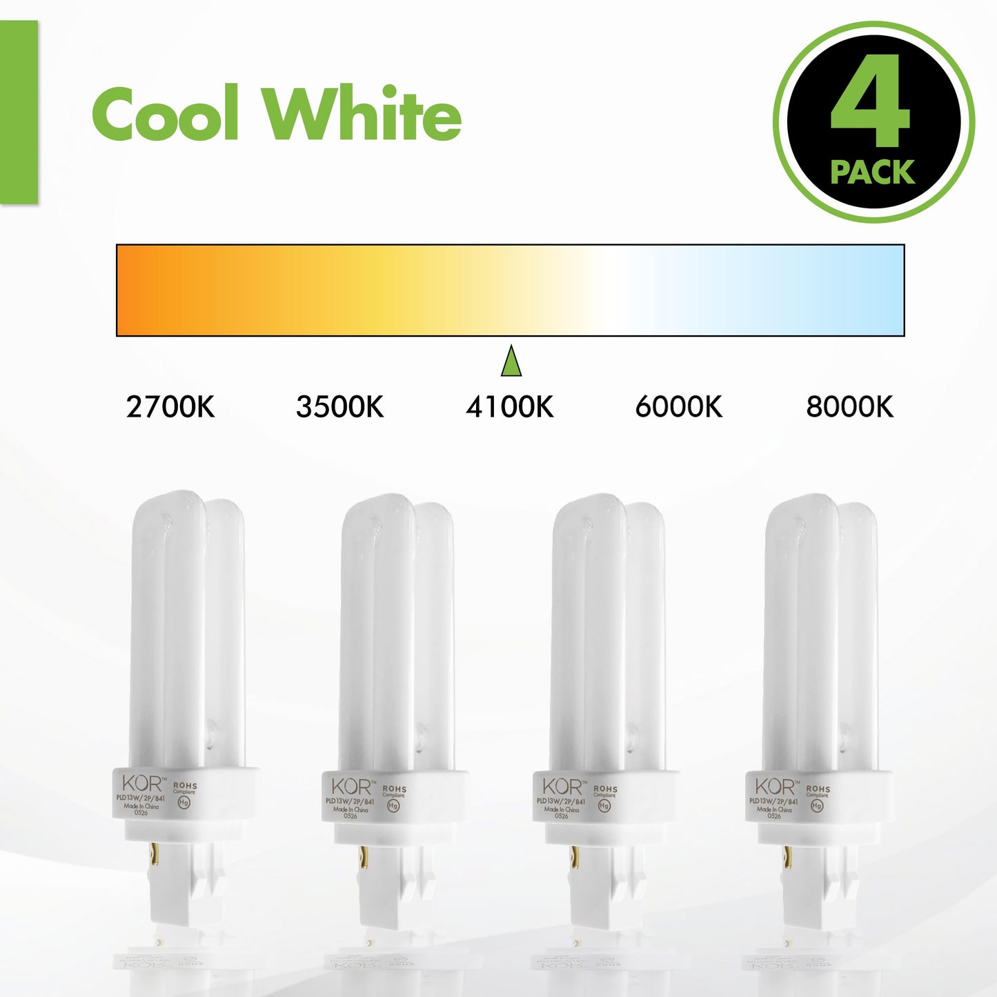 KOR 4-Pack 13W Double Tube CFL Light Bulbs, GX23-2 2-Pin Base, 4100K