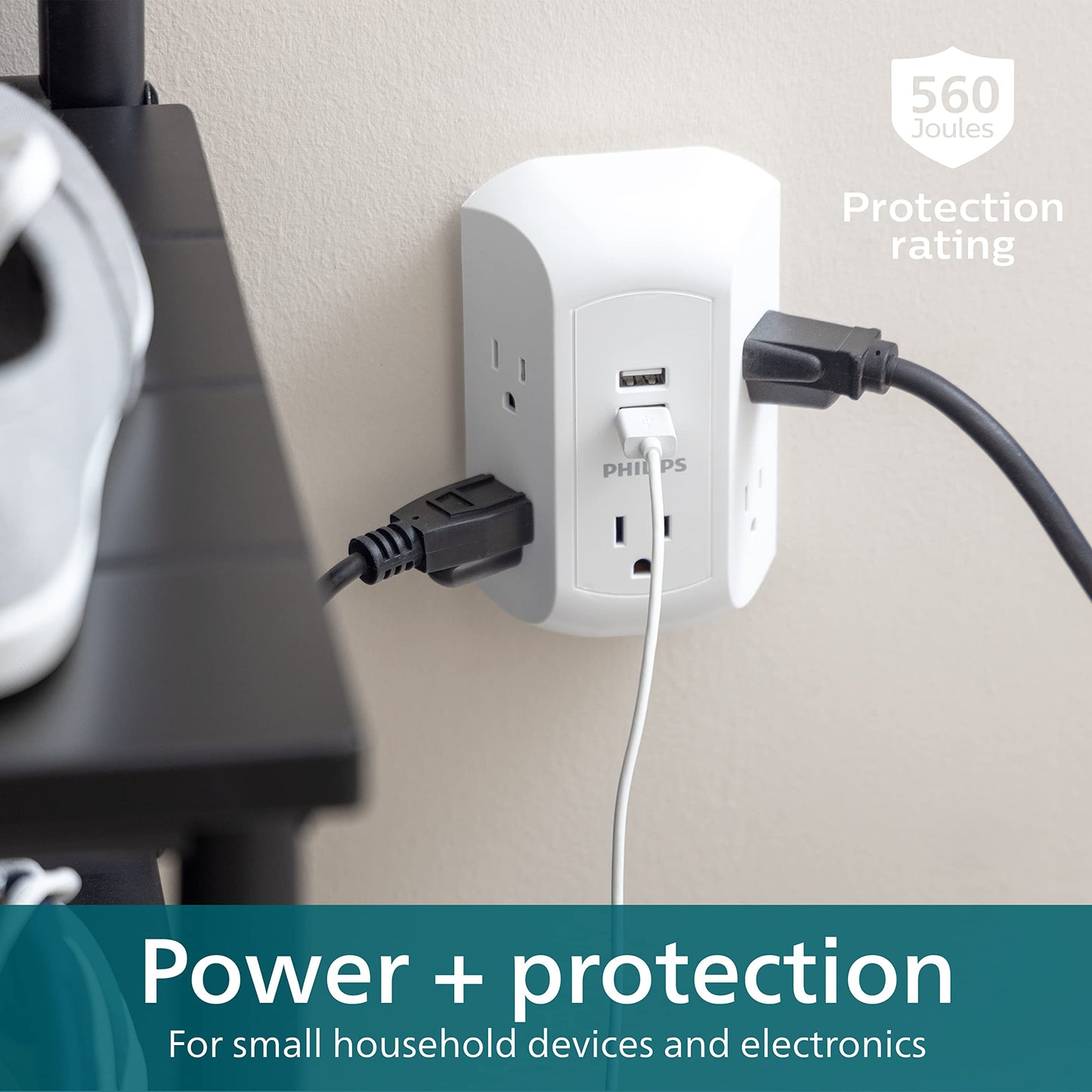 Philips 5-Outlet Extender, Grounded Wall Tap, 3-Prong, 2 USB-A, Surge Protector, Adapter Spaced Outlets, Side Access, 560 Joules, Quick and Easy