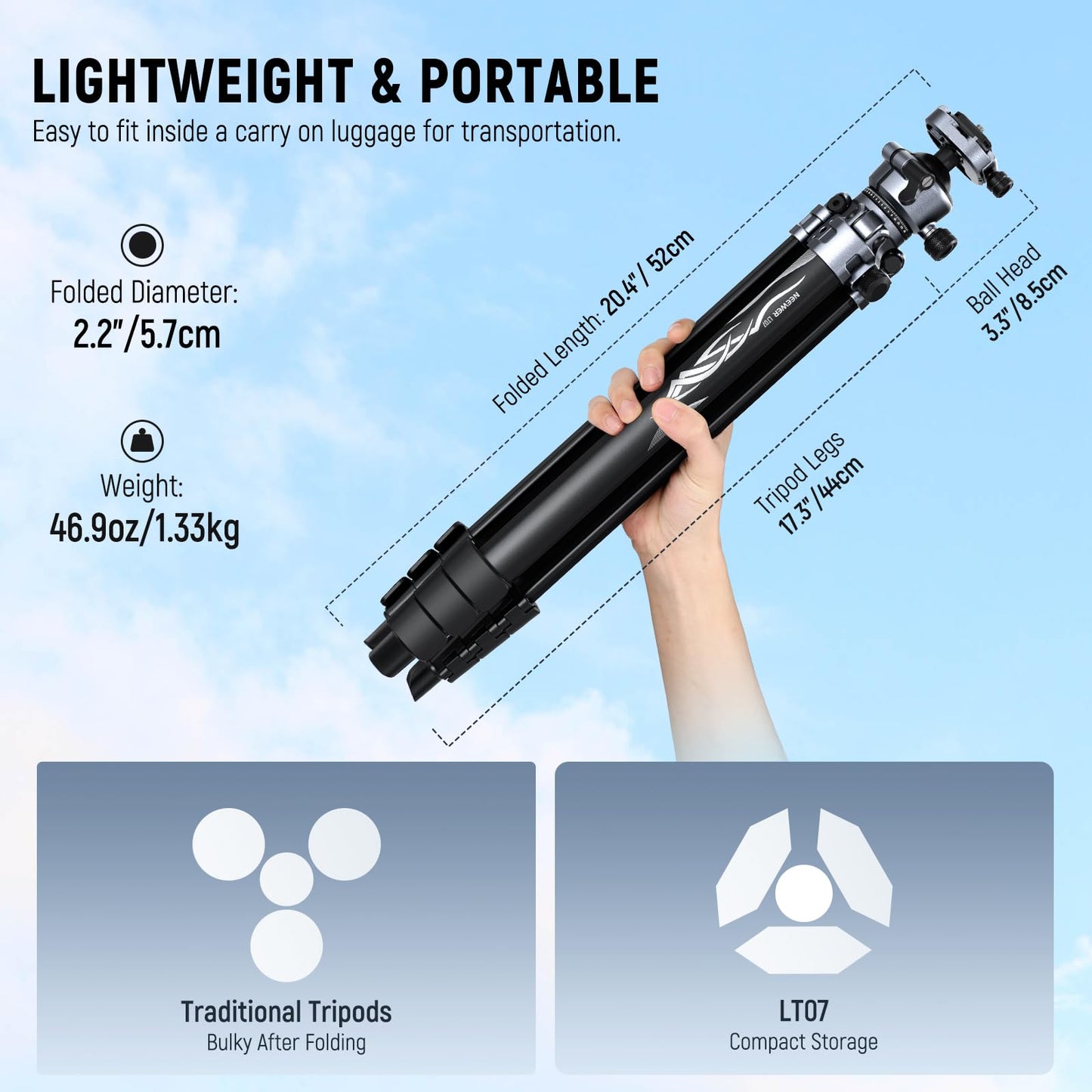 NEEWER LITETRIP LT07 61" Aluminum Travel Tripod Stand for Camera with Pan Tilt Low Profile Ball Head, Arca QR Plate Compatible with PD, Dual Center
