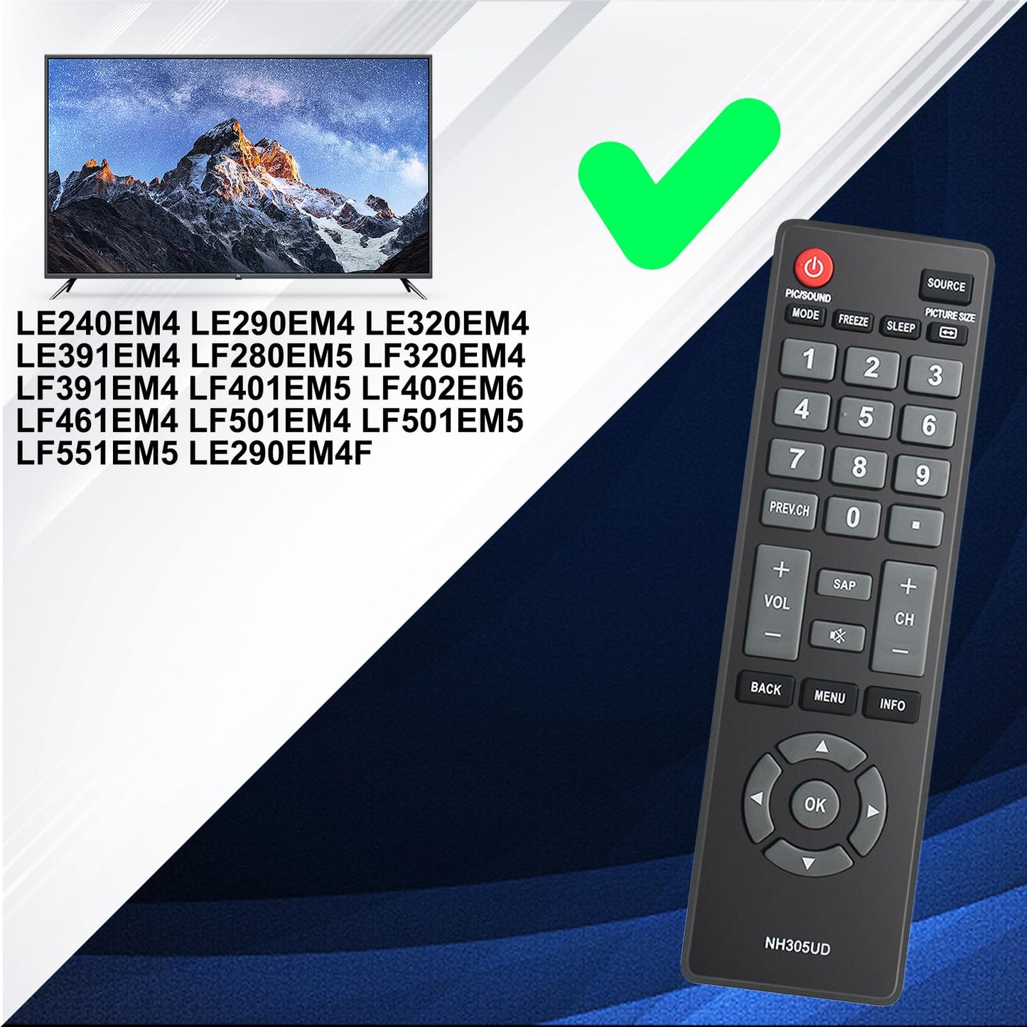NH305UD for Emerson TV Remote, Universal Remote Control for Emerson TV LCD HDTV Models LF402EM6 LF461EM4 LF501EM4 LF501EM5F LF391EM4 LF320EM4