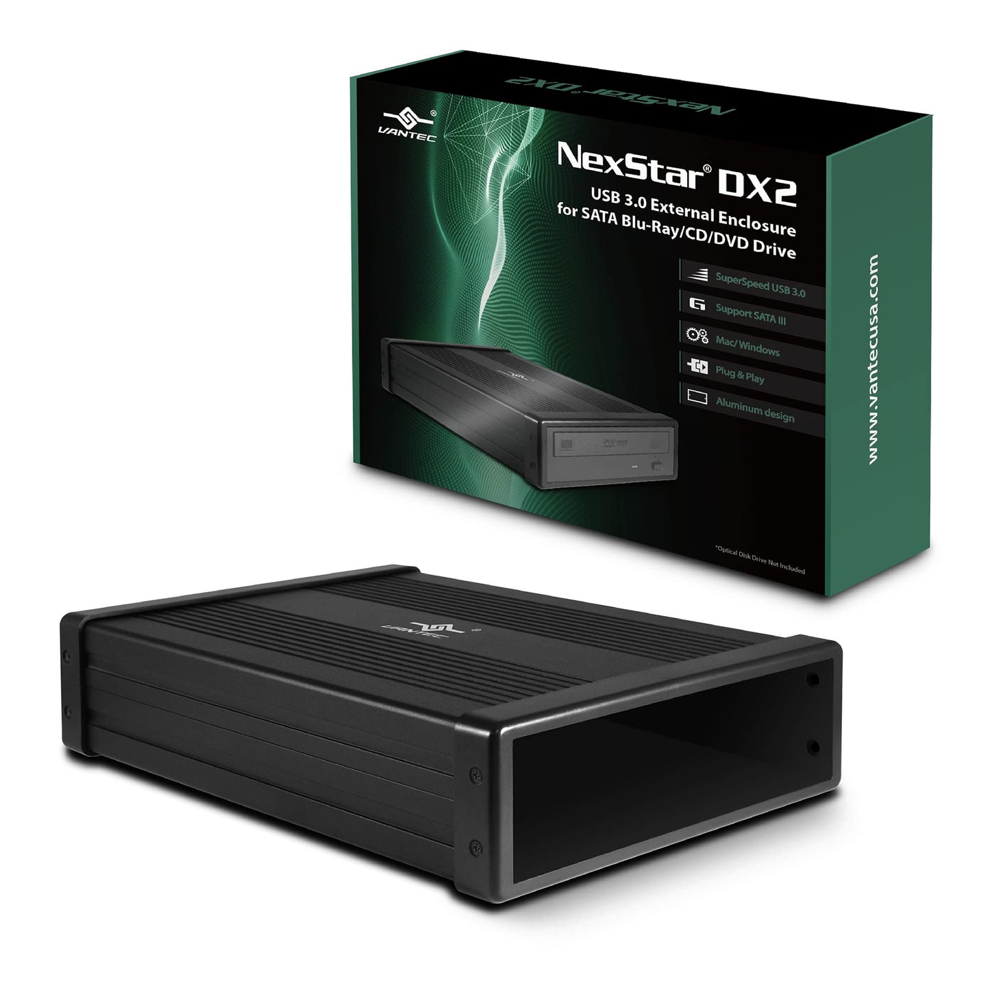 NexStar DX2 USB 3.0 External Enclosure, Design for 5.25" Blu-Ray/CD/DVD SATA Drive, 2nd Gen DX, Aluminum Alloy, fit Any Depth Optical Drive, TAA