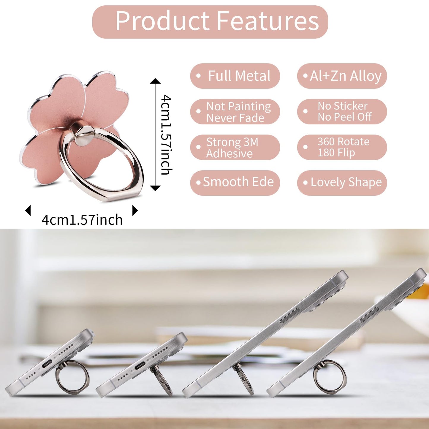 4pc-Cell Phone Ring Stand,Cell Phone Ring Holder Flower,360 Rotate and 180°Angle Adjustable Metal Finger Ring Socket Grip Kickstand for Smartphones