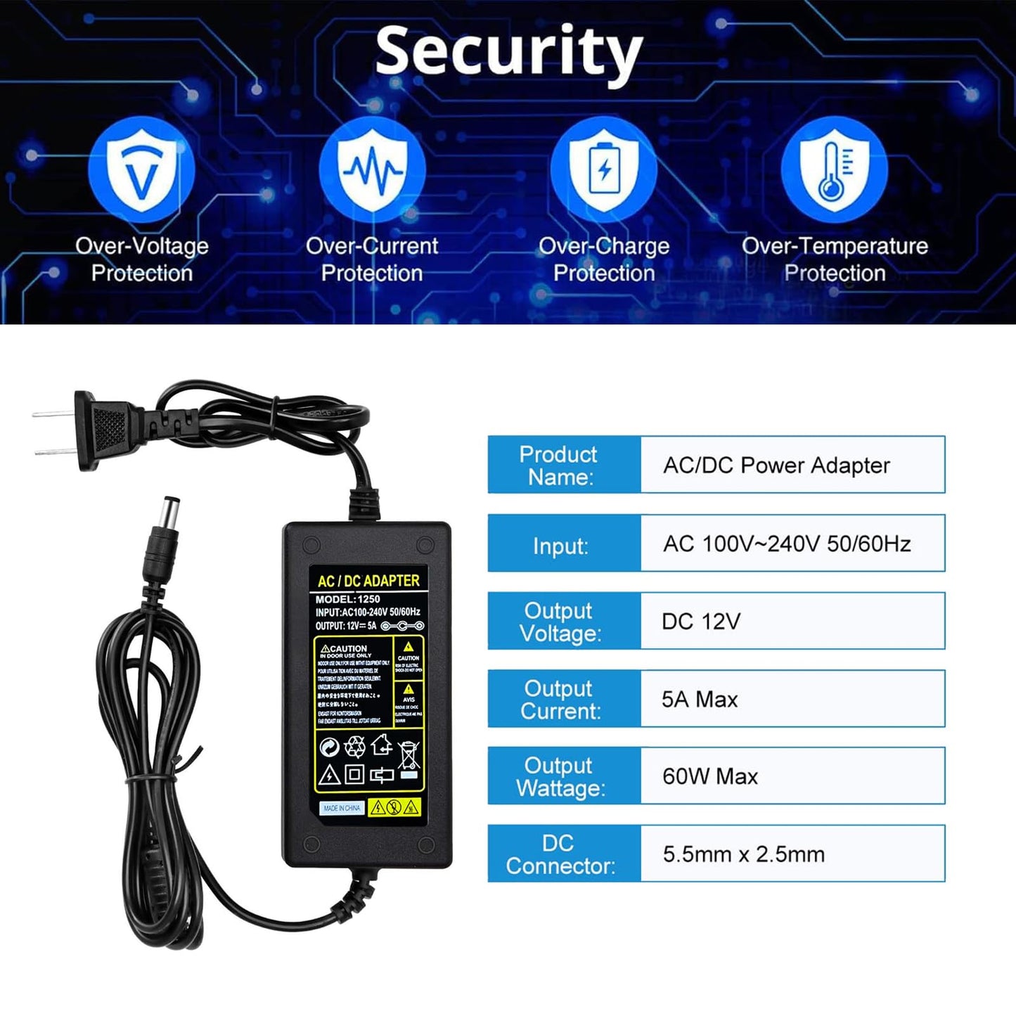 Power Adapter 12V 5A 4A 3A 2.5A 2A 1A AC DC Power Supply Cord Cable 5.5x2.1mm for Sceptre EC Series Monitor,ONN,AOC,Dell,Webcam, Router, Projector…