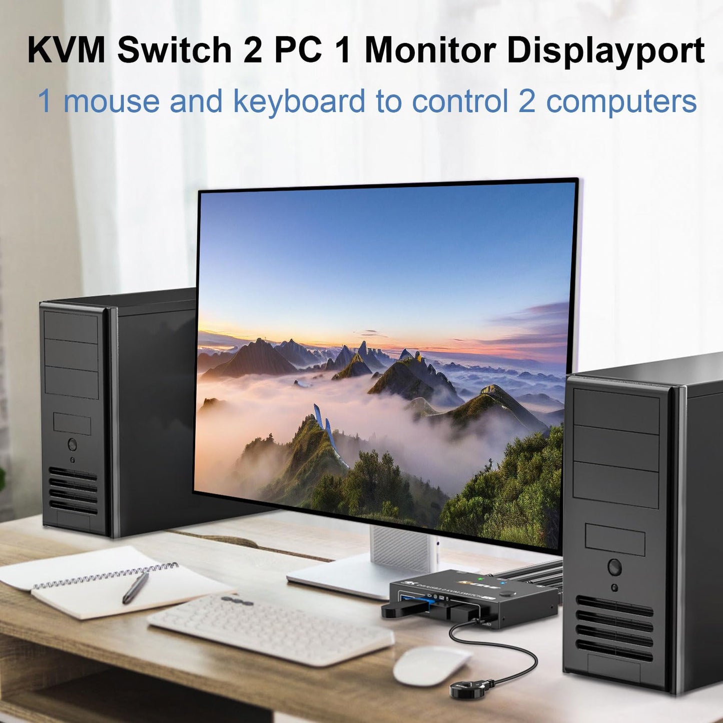 KCEVE KVM Switch 1 Monitor 2 Computers Displayport, USB 3.0 KVM Switch Displayport for 2 Computer Share 1 Monitor and 4 USB Devices, 4K@144Hz