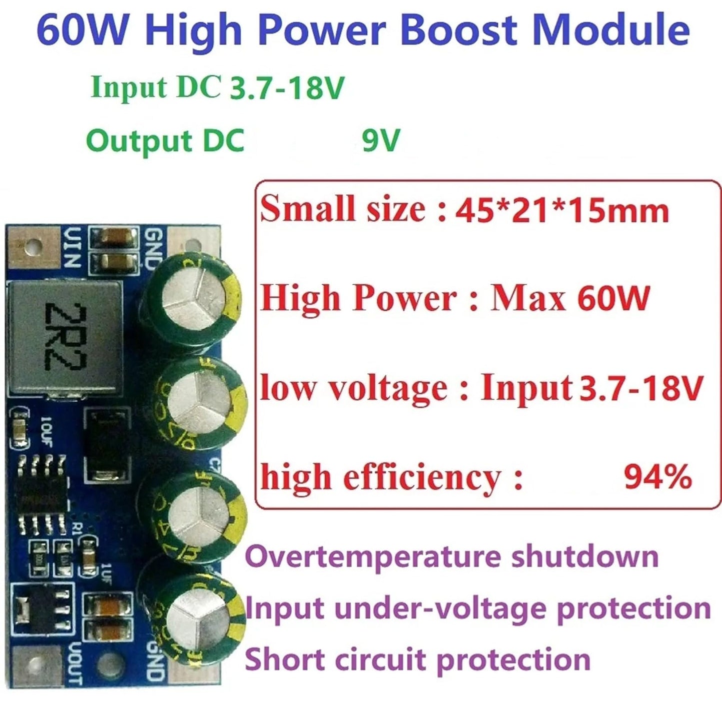 60W Boost Converter, DC-DC Voltage Power Converter Module 3.7V-18V to 5V 6V 9V 12V 15V 19.5V Voltage Power Converter Circuit Board Module, Power Step…
